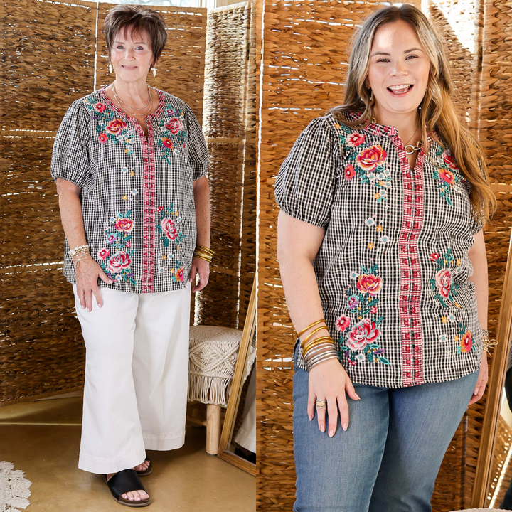 Picnic Perfect Plaid Notch Neck Top with Floral Embroidery in Black and White