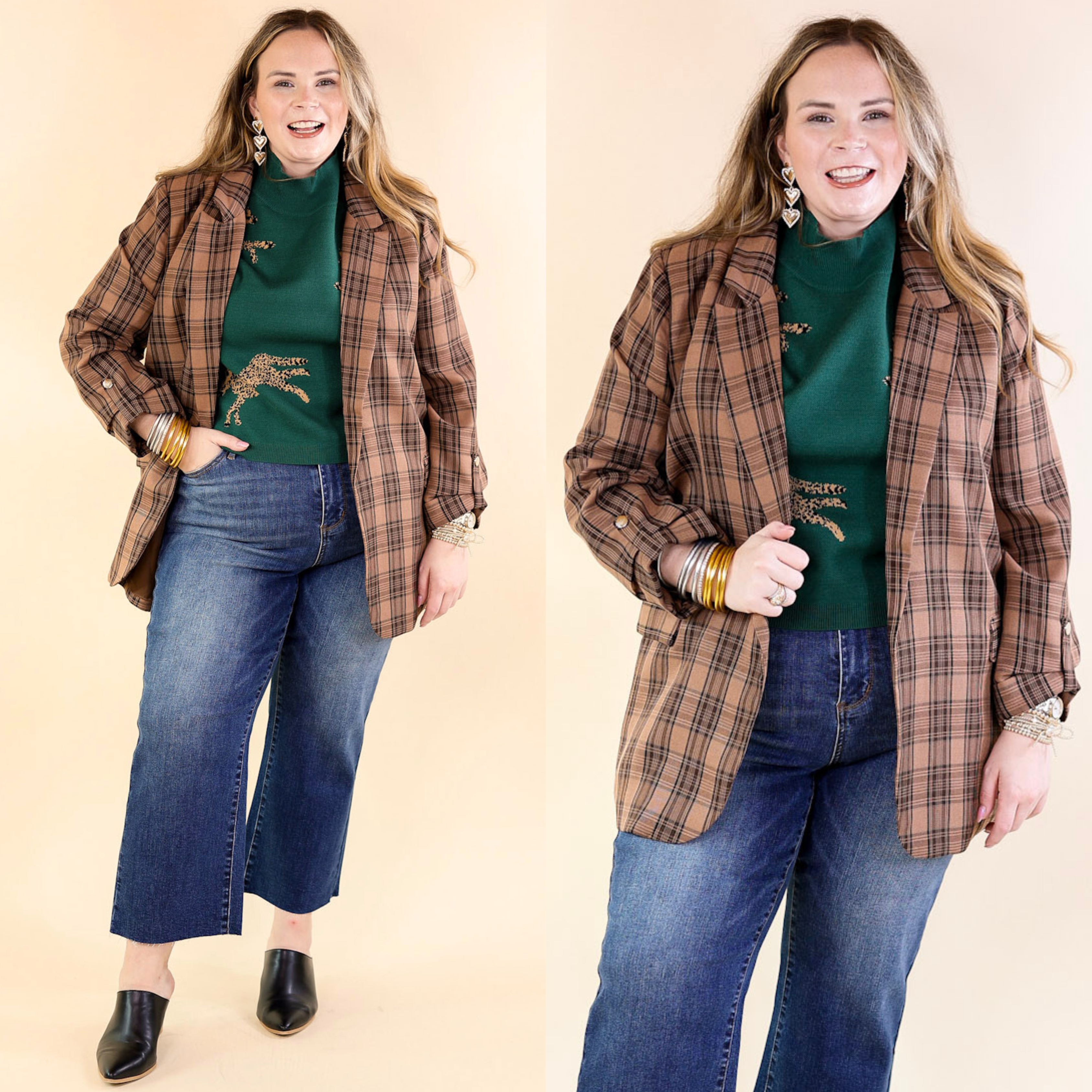 Mountain View Open Front Plaid Blazer with 3/4 Sleeves in Brown