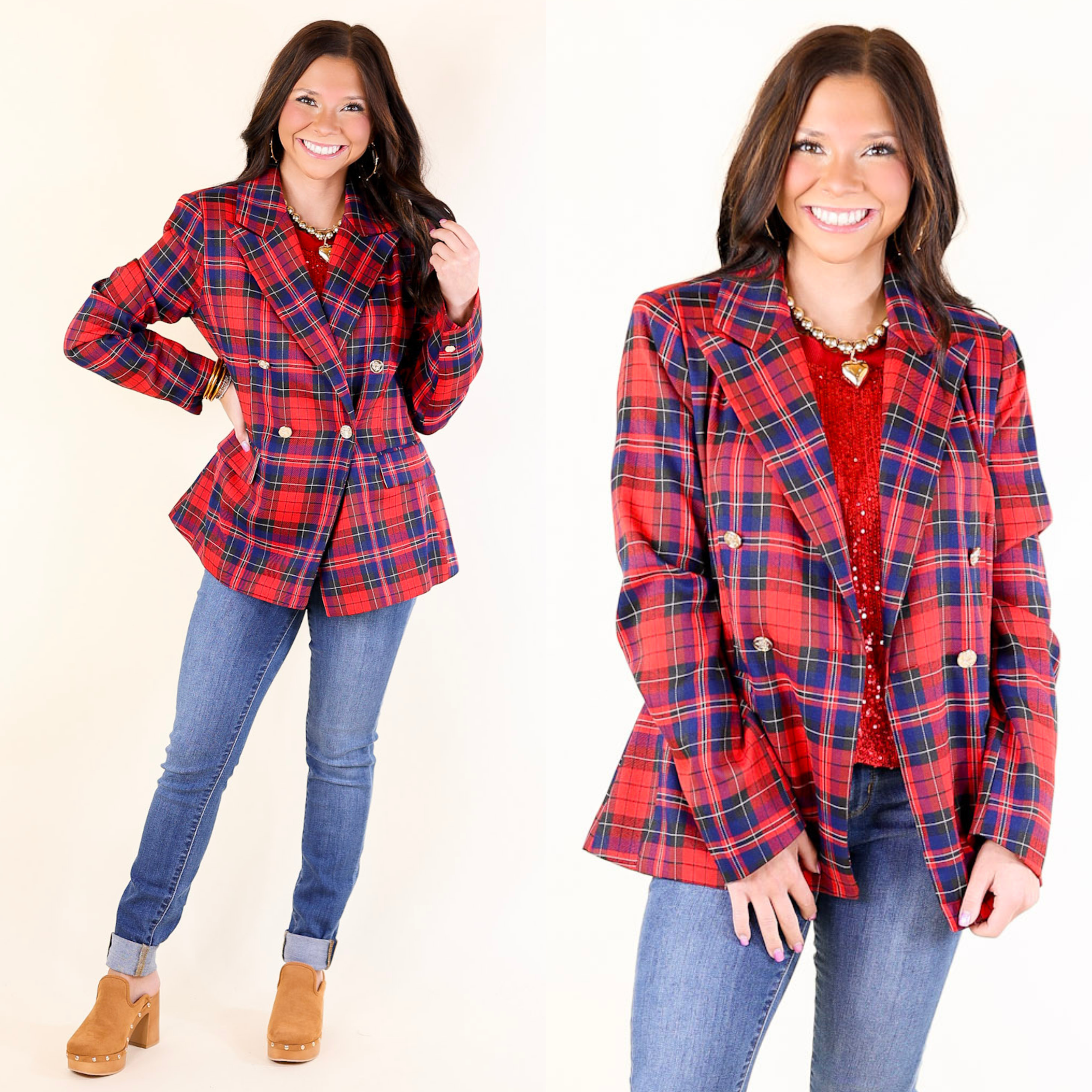 Endless Cheer Plaid Blazer with Gold Buttons in Blue and Red