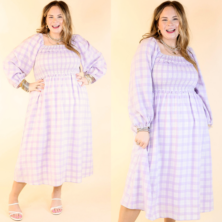 Adorable Impression Plaid Midi Dress with Smocked Bodice in Lavender Purple