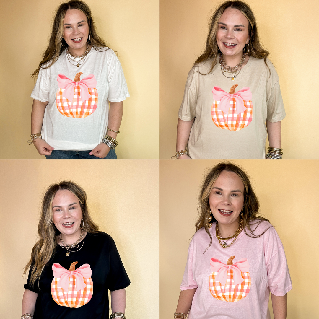 Online Exclusive | Charming Orange and White Plaid Pumpkin with Pink Bow Graphic Tee in Multiple Color Options
