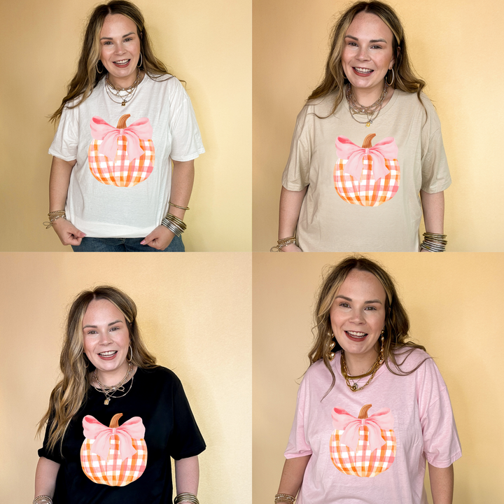 Online Exclusive | Charming Orange and White Plaid Pumpkin with Pink Bow Graphic Tee in Multiple Color Options