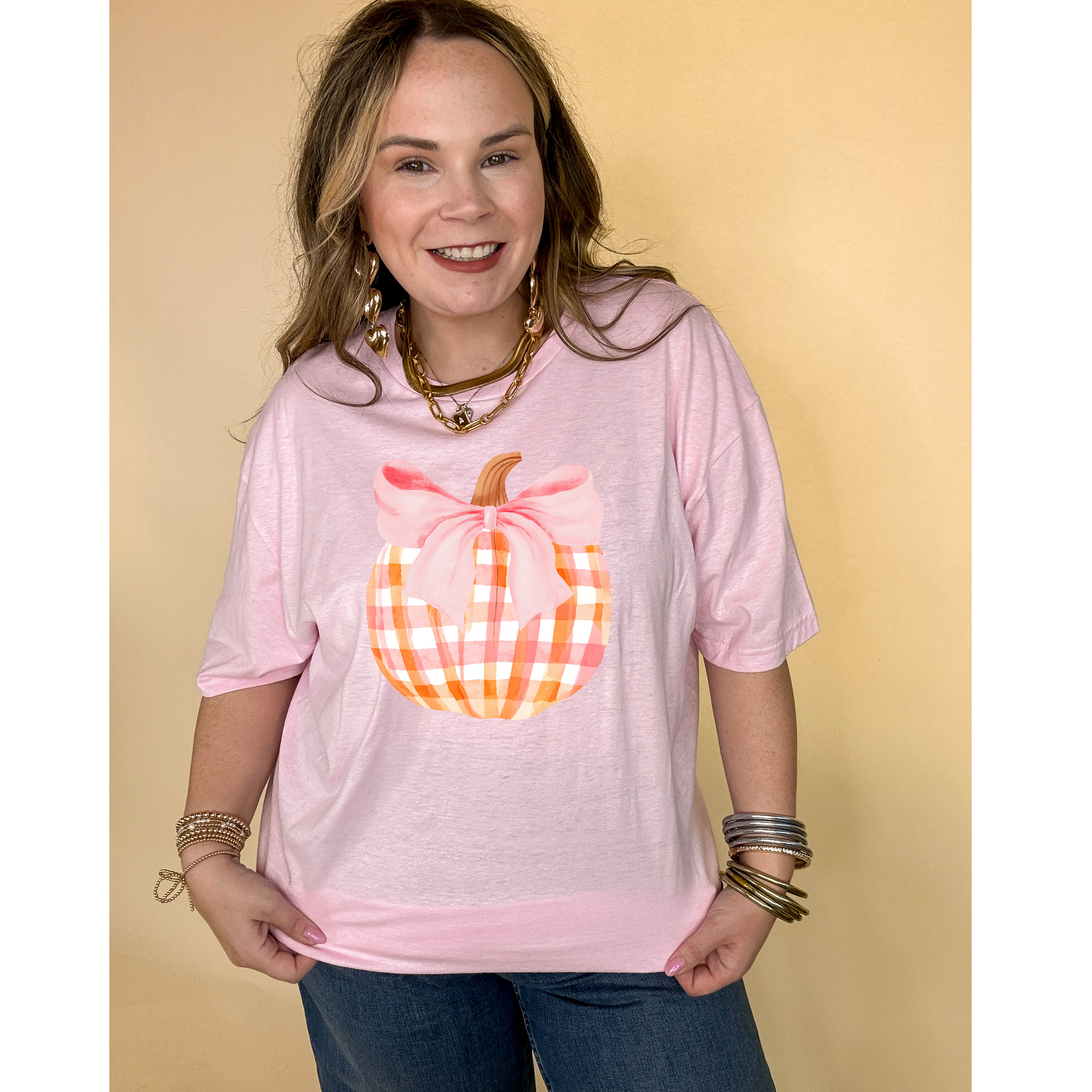 Online Exclusive | Charming Orange and White Plaid Pumpkin with Pink Bow Graphic Tee in Multiple Color Options