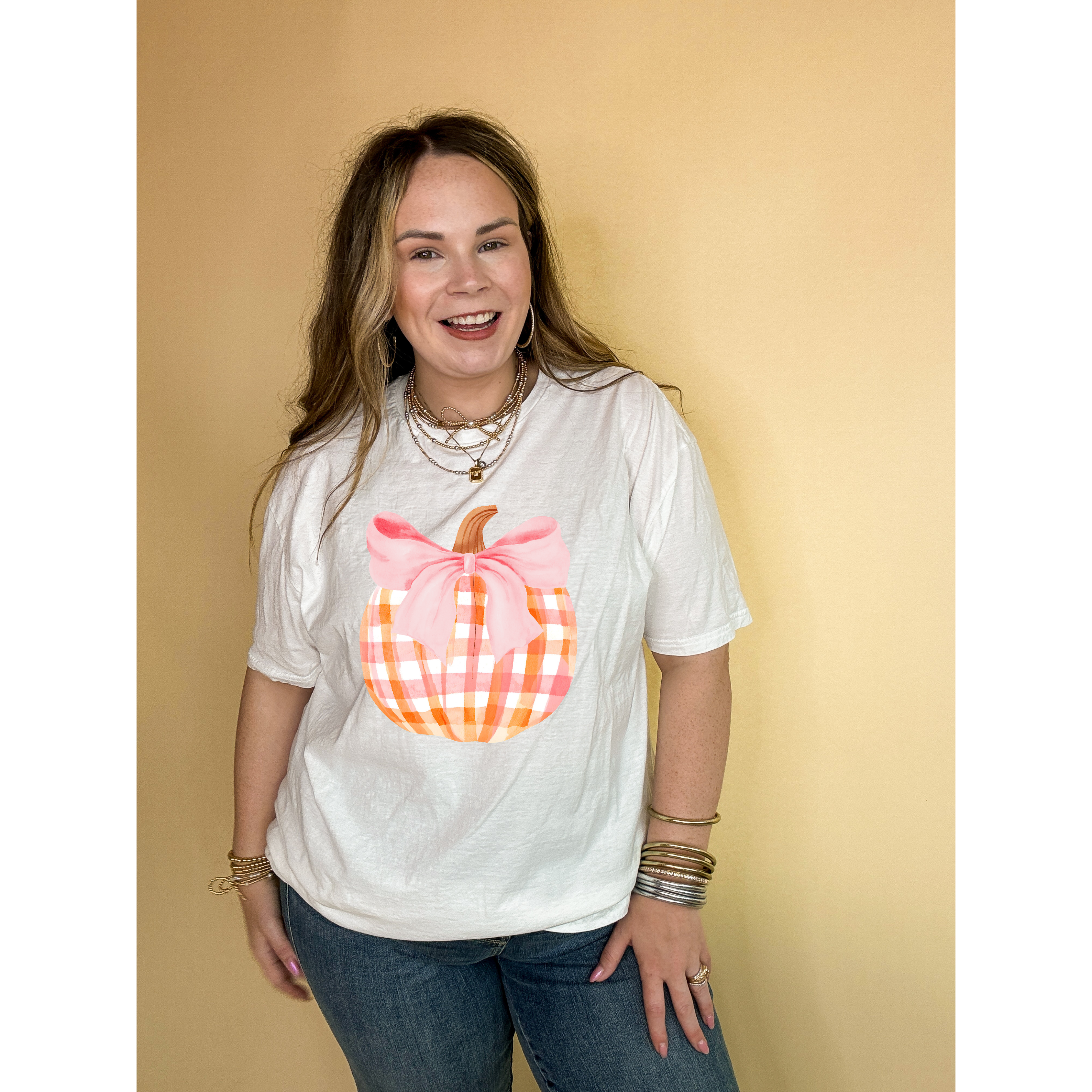 Online Exclusive | Charming Orange and White Plaid Pumpkin with Pink Bow Graphic Tee in Multiple Color Options