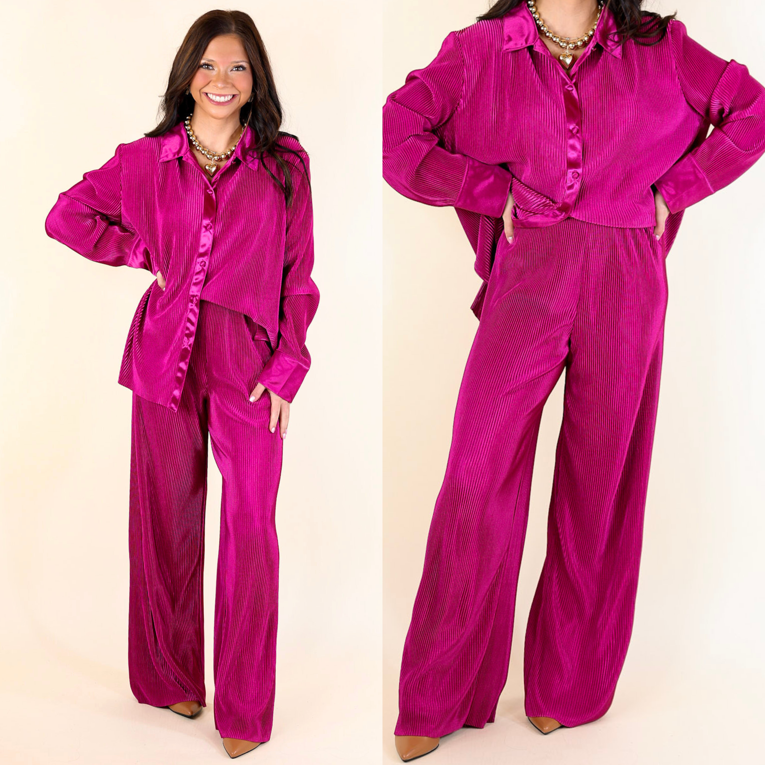 Dazzling Satin Plissé Ribbed Pants in Magenta Pink