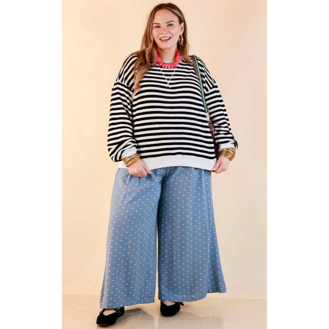 Plus Size | Straight and Narrow Striped Drop Shoulder Long Sleeve Pullover Top in Black and Ivory