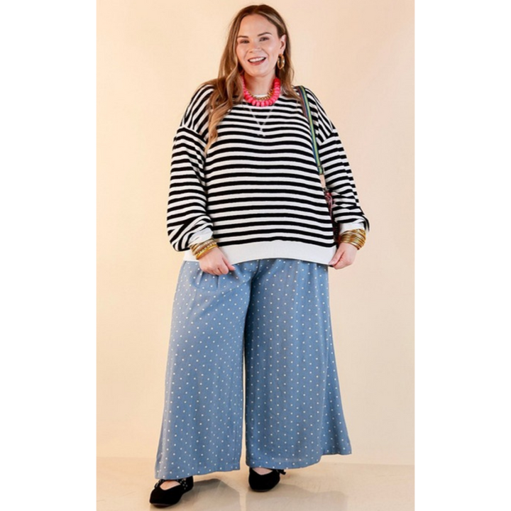 Plus Size | Straight and Narrow Striped Drop Shoulder Long Sleeve Pullover Top in Black and Ivory