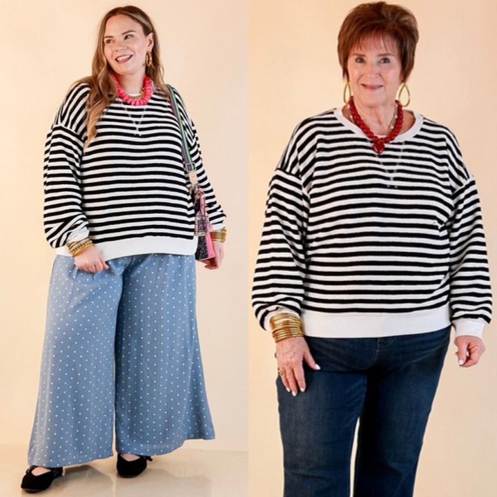 Plus Size | Straight and Narrow Striped Drop Shoulder Long Sleeve Pullover Top in Black and Ivory