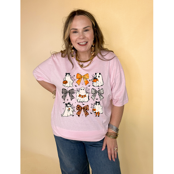 Online Exclusive | Boo-tiful Bow Icon and Trick Or Treating Ghost Graphic Tee in Multiple Color Options