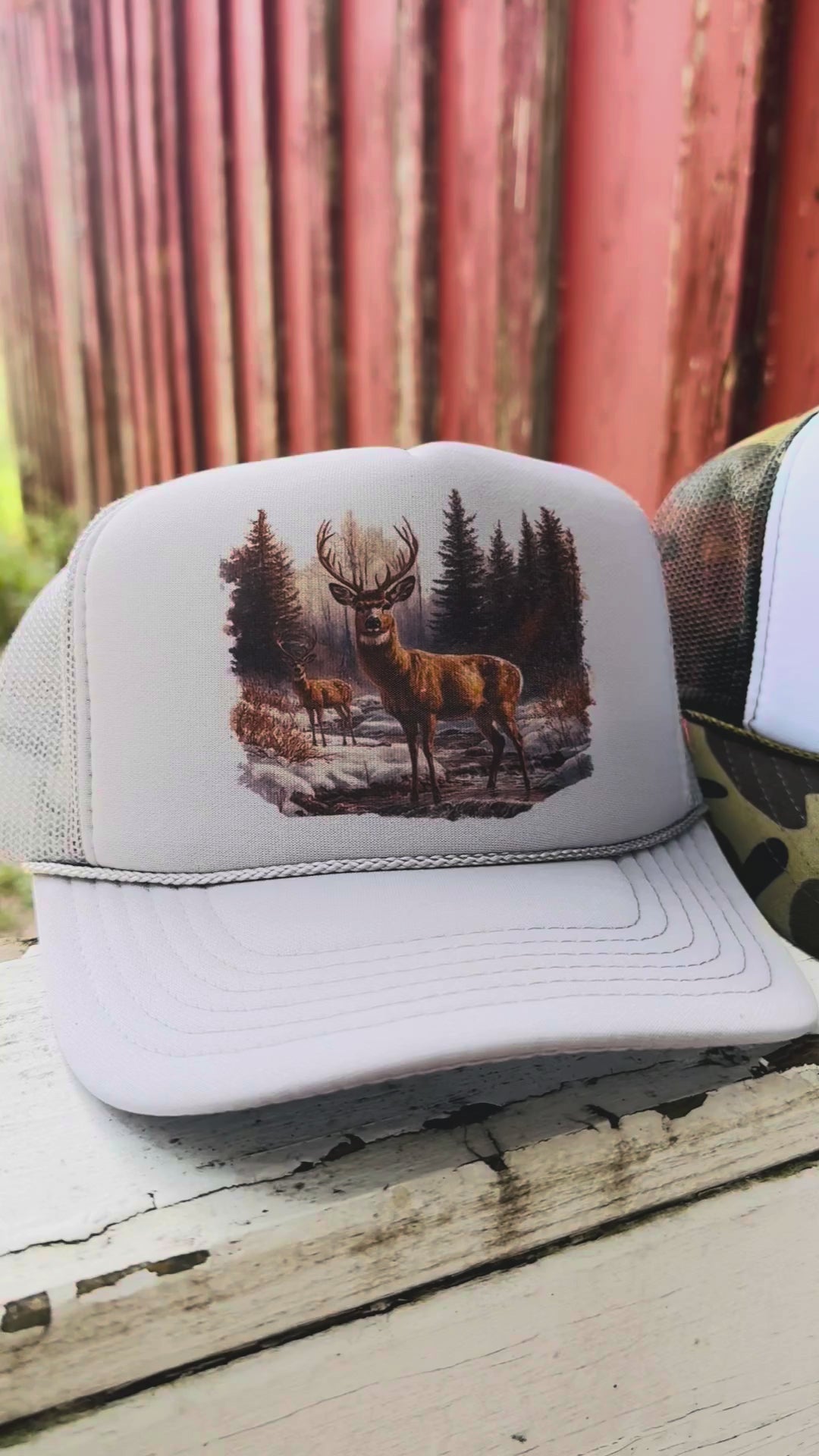 Set of three Retro Deer Trucker Caps in brown, camo & grey with vintage deer artwork