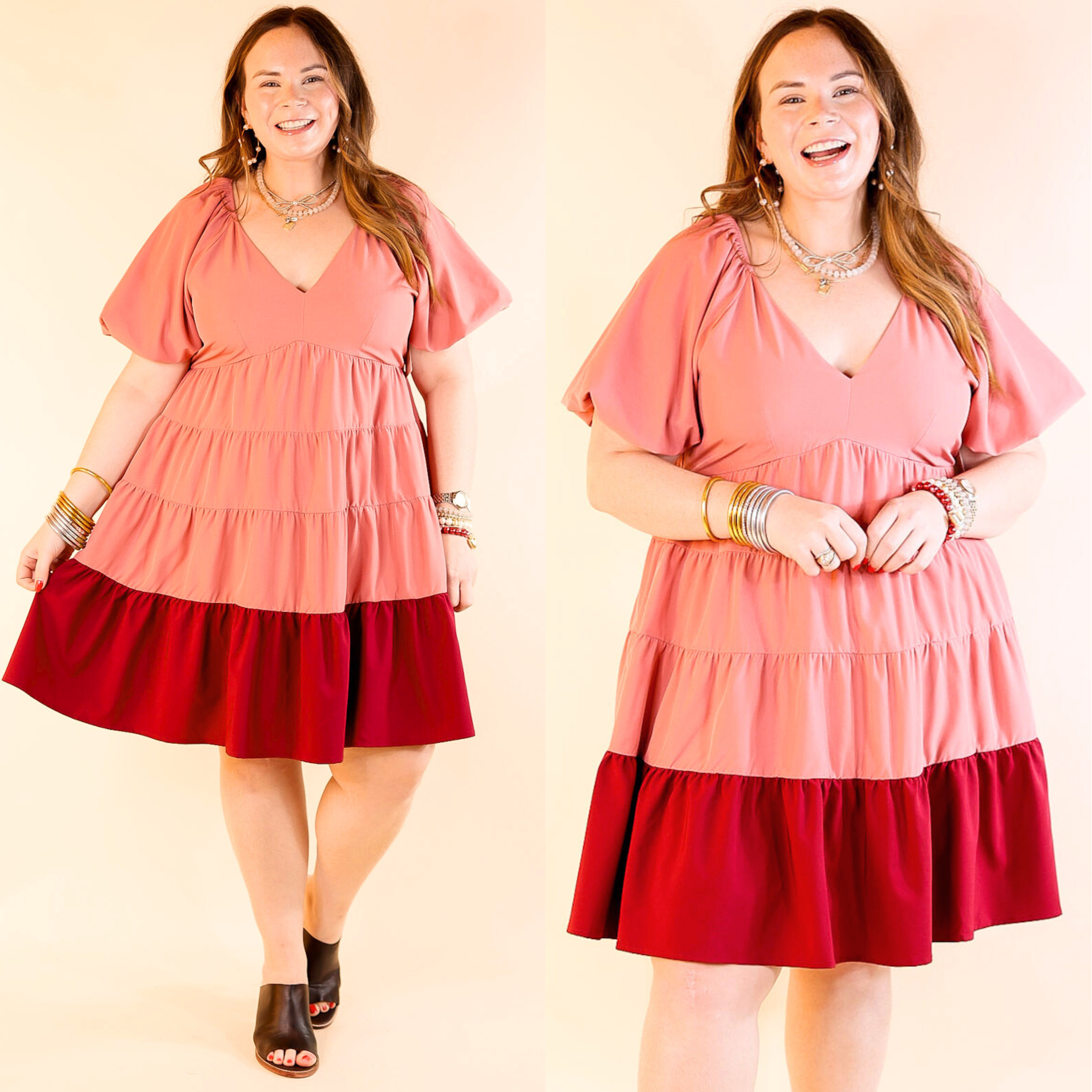 Trendy City Puff Sleeve Tiered Dress with Pink Hemline in Rose Pink