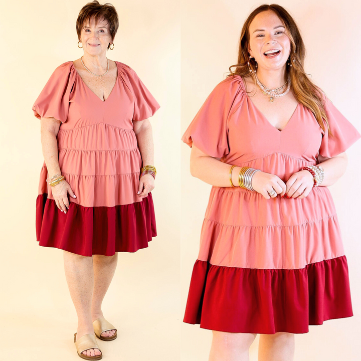 Trendy City Puff Sleeve Tiered Dress with Pink Hemline in Rose Pink