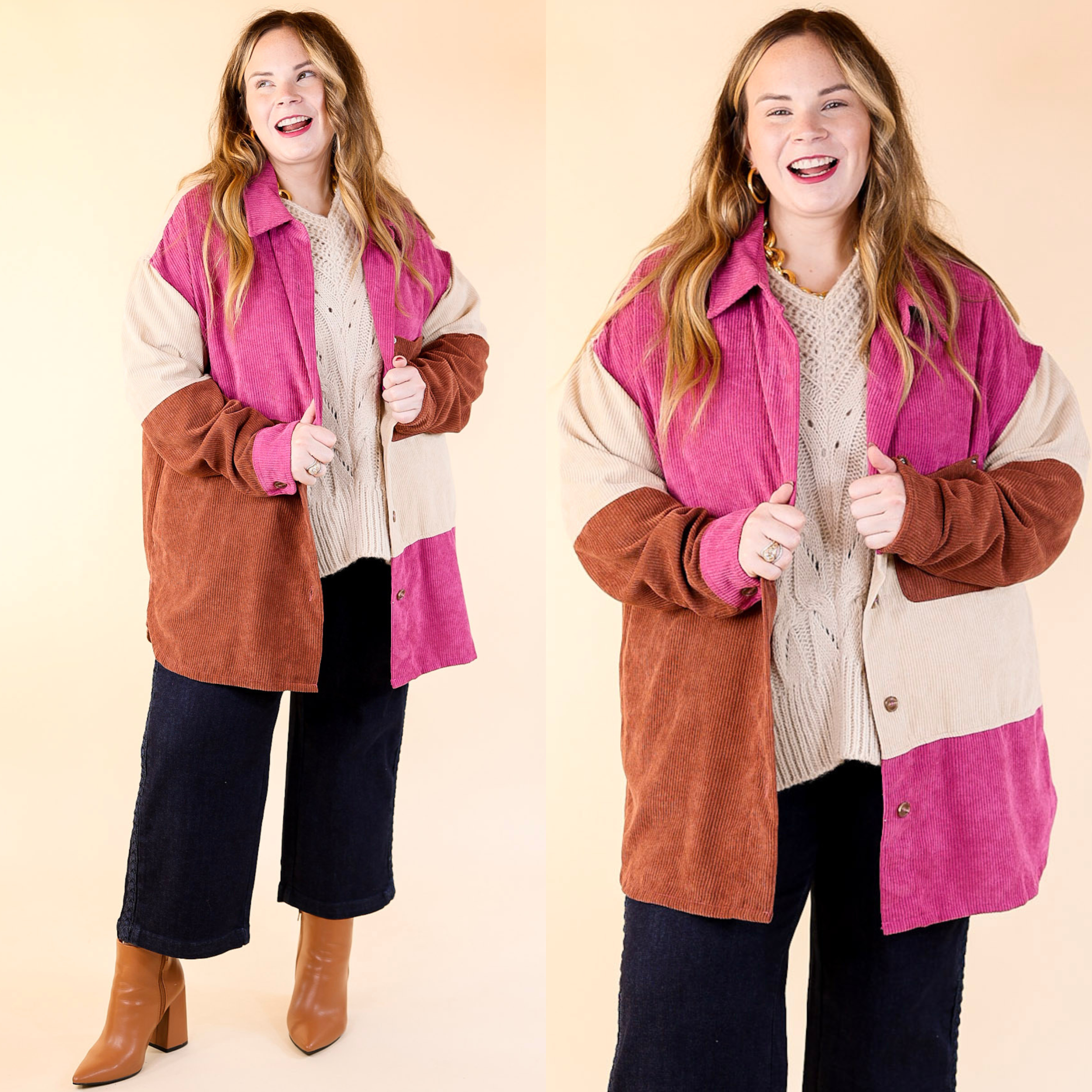 Casual Cuddles Color Block Corduroy Shacket in Magenta Mix