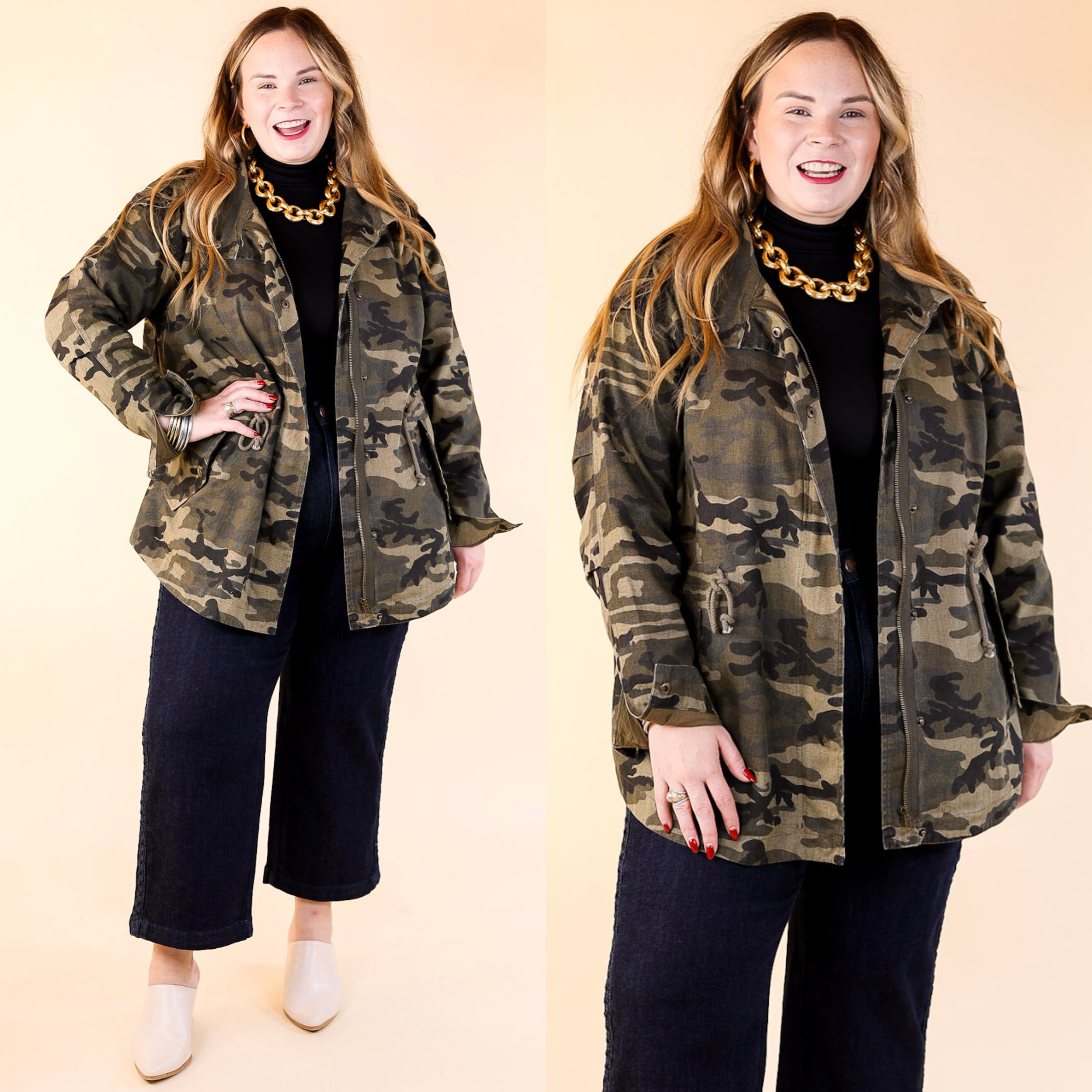 Colder Weather Button and Zip Up Utility Jacket in Camouflage