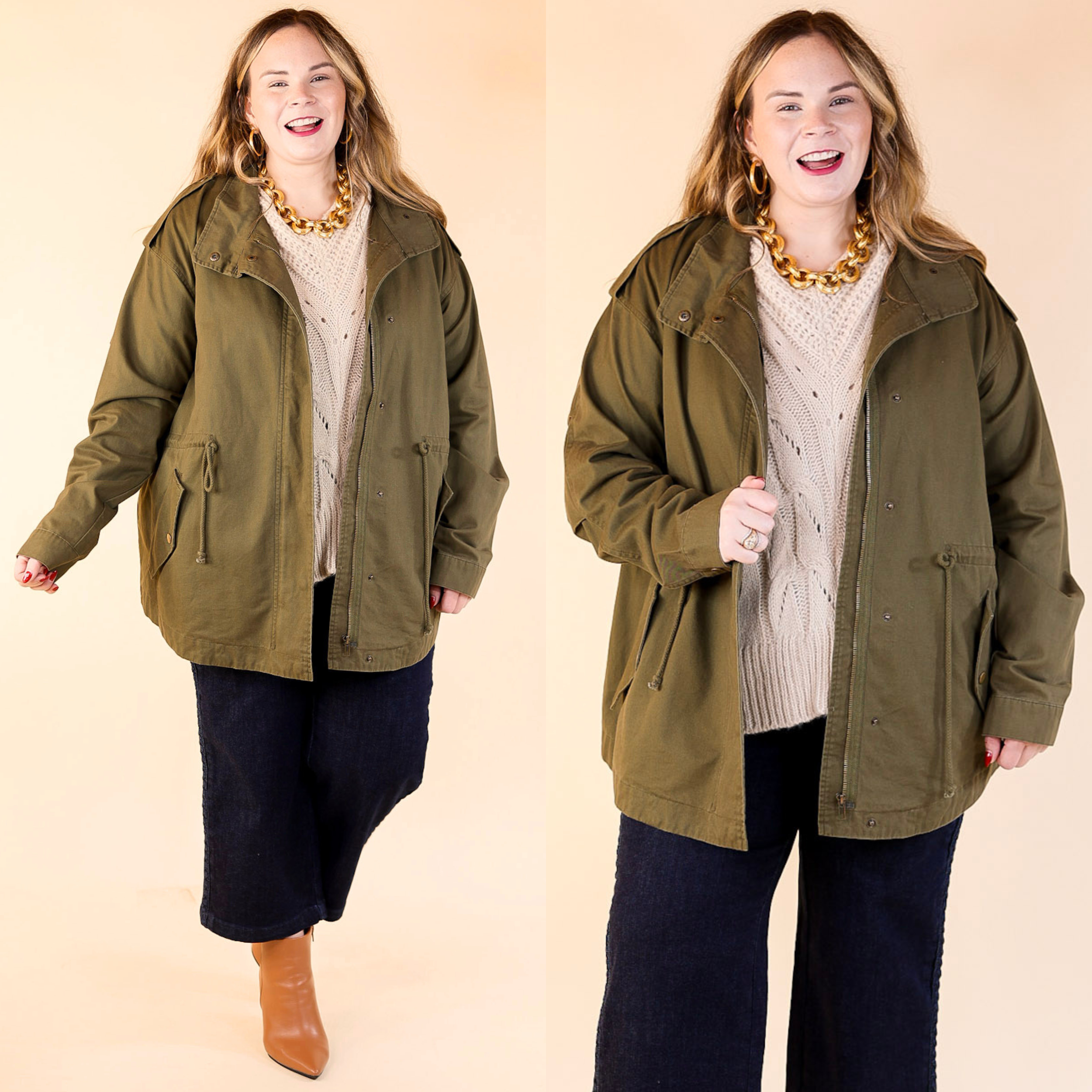 Anything is Possible Button and Zip Up Utility Jacket in Olive Green