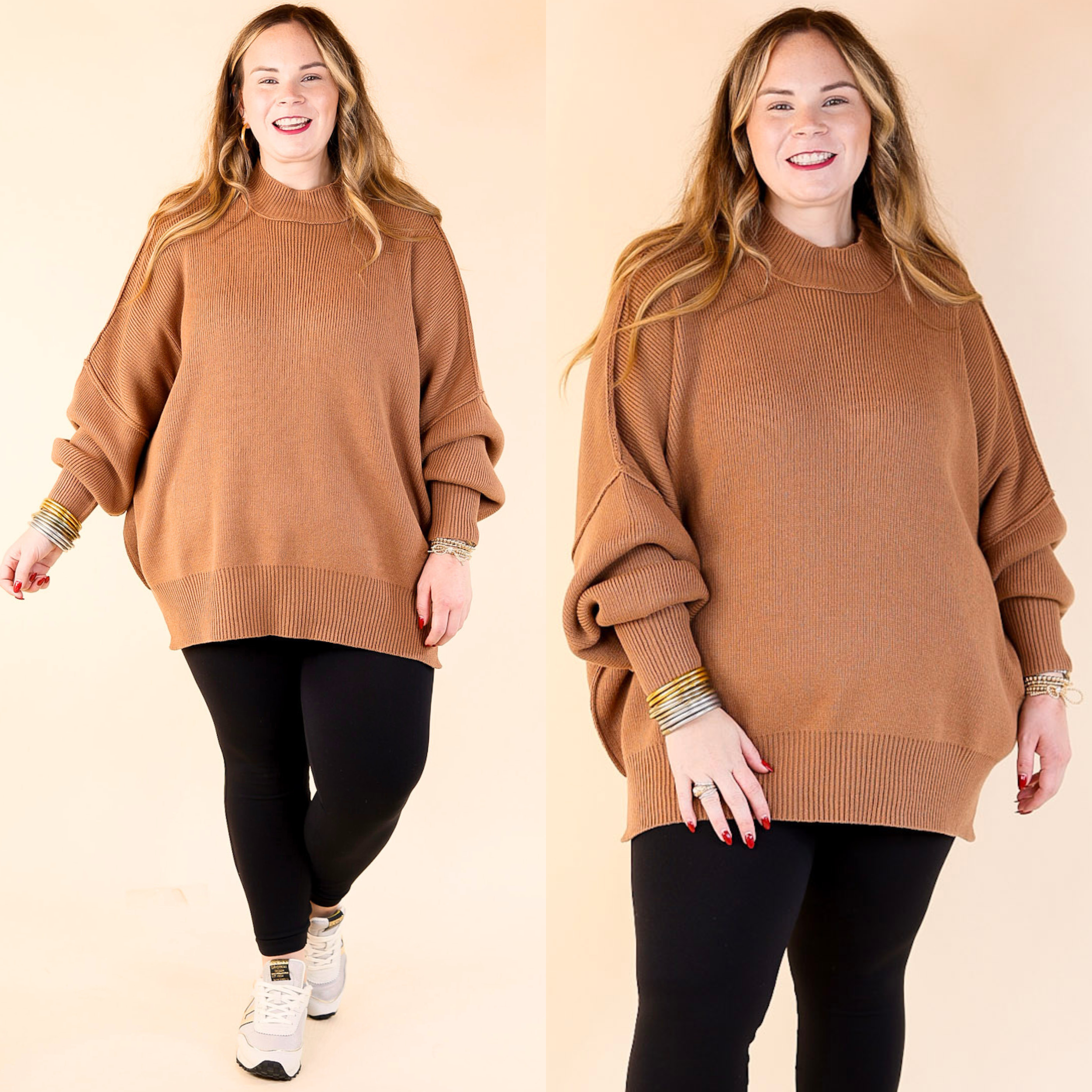 Snug and Stylish Mock Neck Sweater with Side Slit in Camel Brown