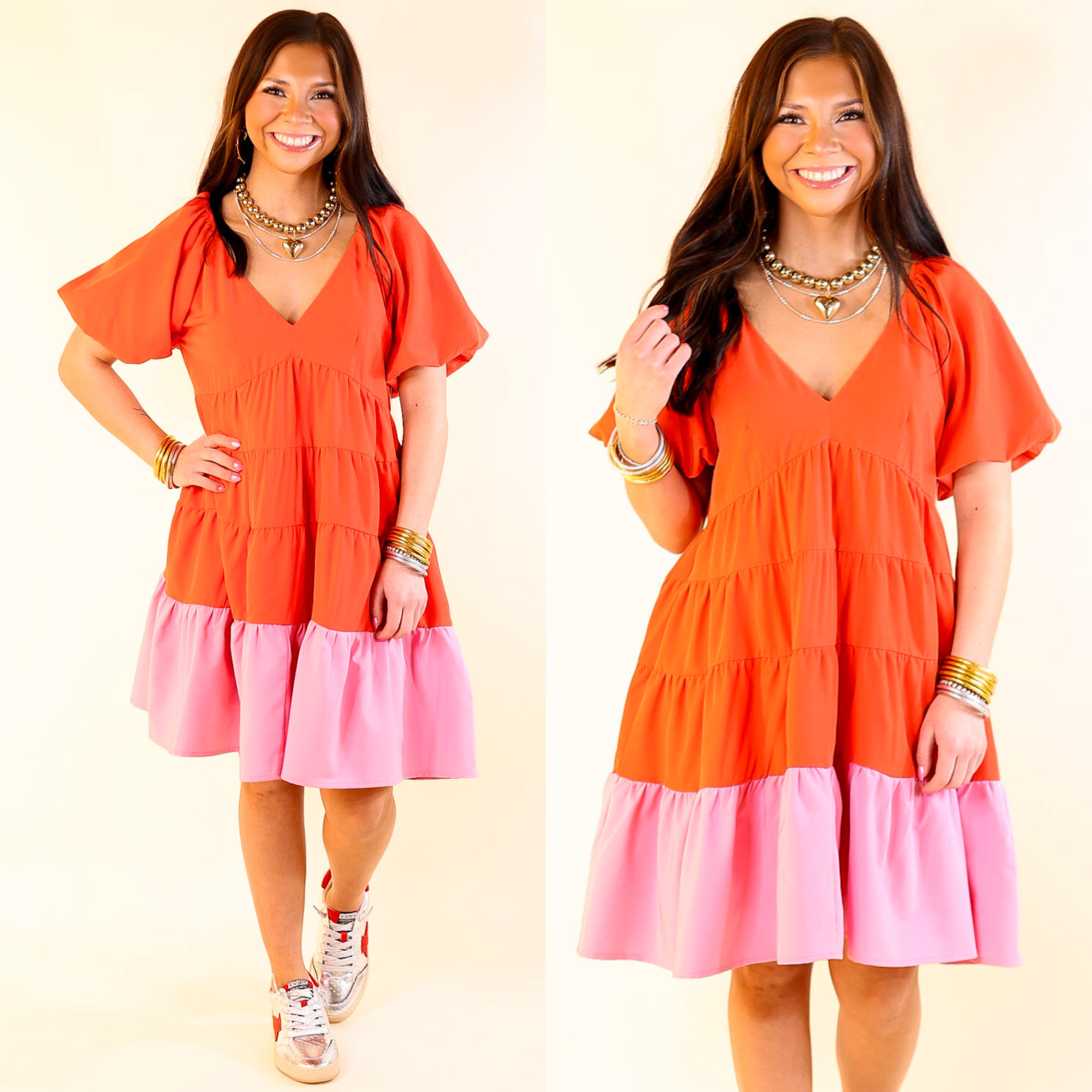 Trendy City Puff Sleeve Tiered Dress with Pink Hemline in Red