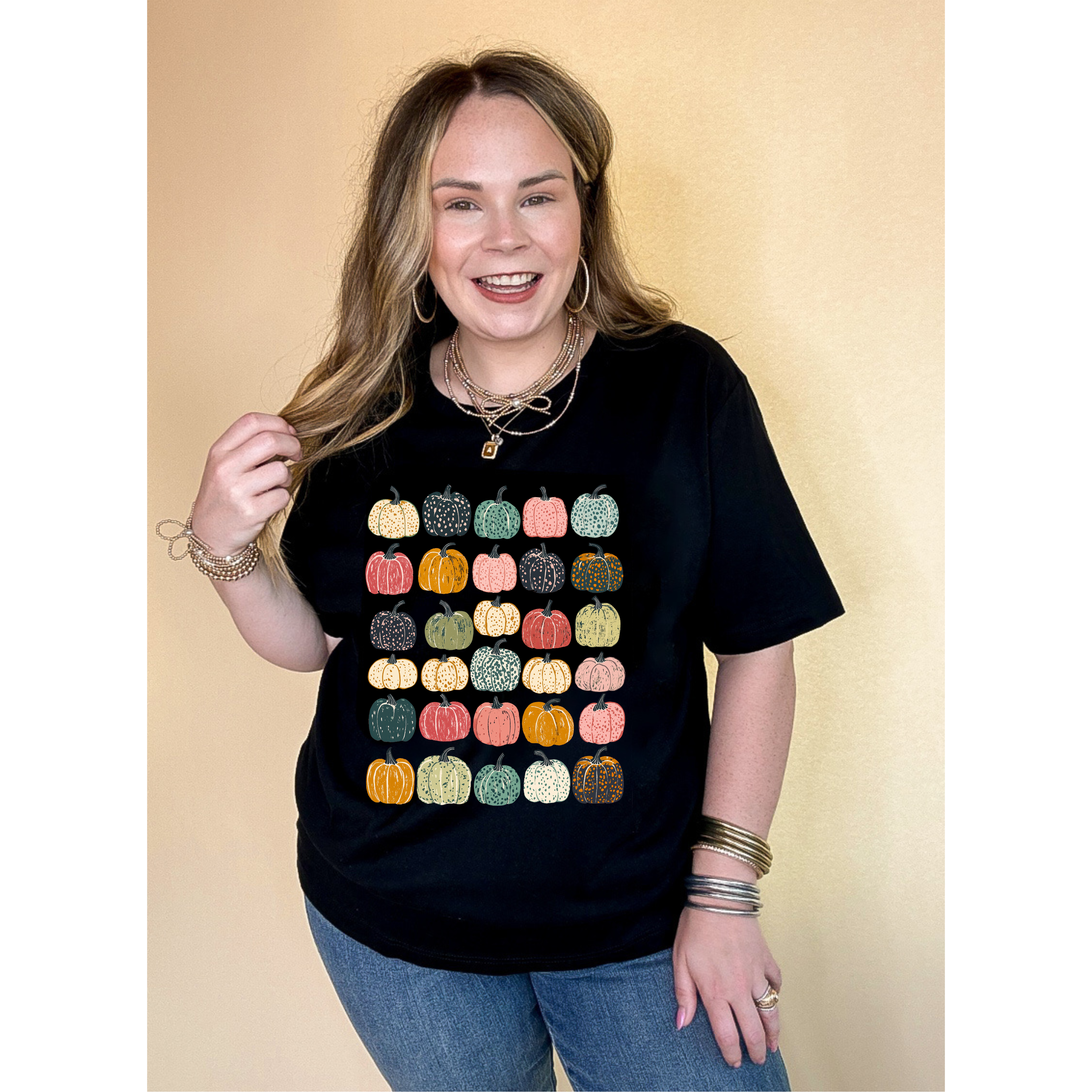 Online Exclusive | Pumpkin Overload tapestry of color and pattern Pumpkins Graphic Tee in Multiple Color Options