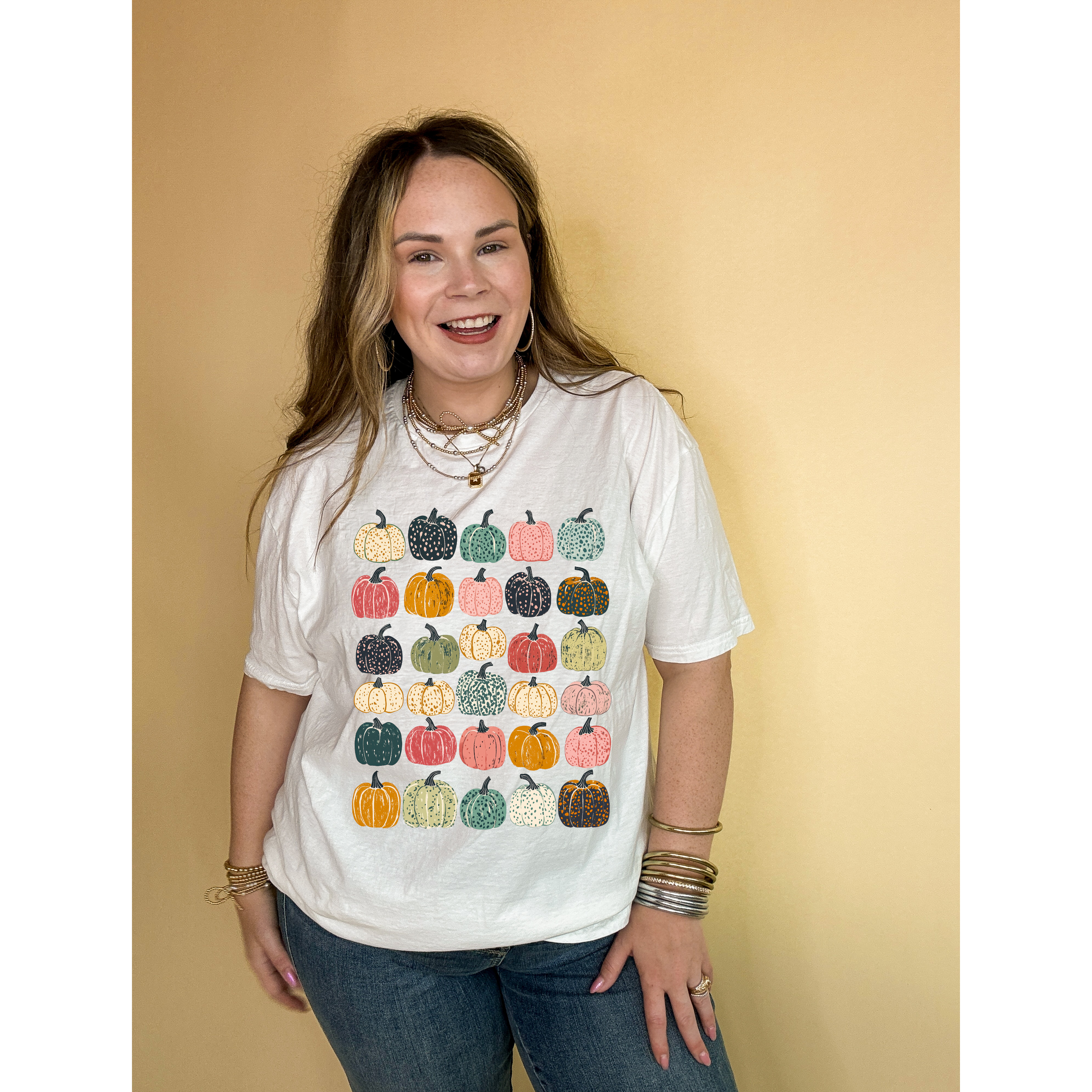 Online Exclusive | Pumpkin Overload tapestry of color and pattern Pumpkins Graphic Tee in Multiple Color Options