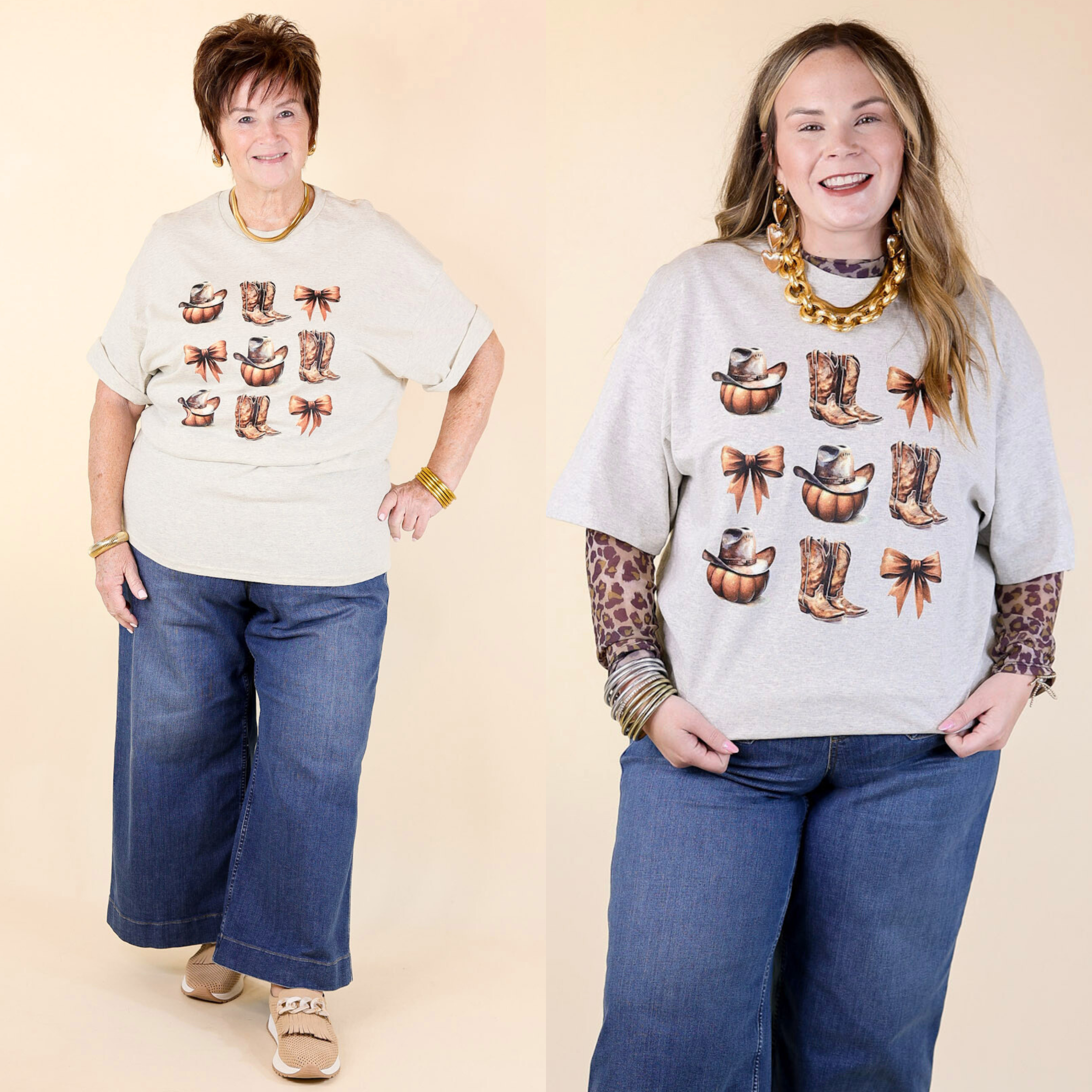 Pumpkin, Boots, and Ribbon Short Sleeve Graphic Tee in Heather Grey