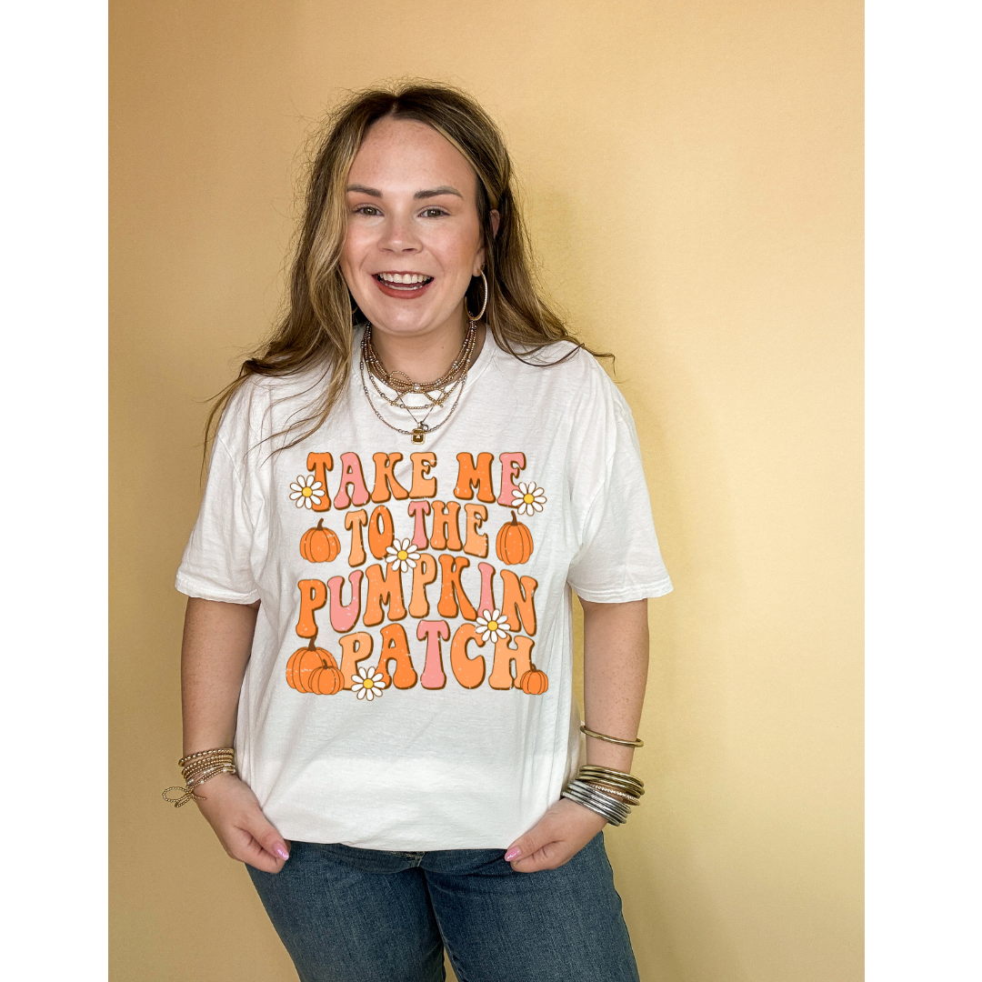 Online Exclusive | Take Me to The Pumpkin Patch Graphic Tee with Flowers and Pumpkins in Multiple Color Options