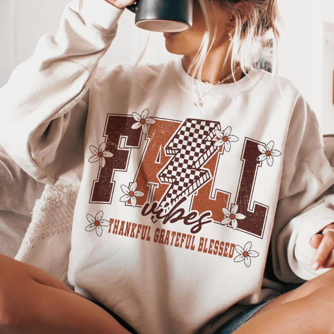 Online Exclusive | Thankful Grateful Blessed Fall Vibes Graphic Sweatshirt in Cream