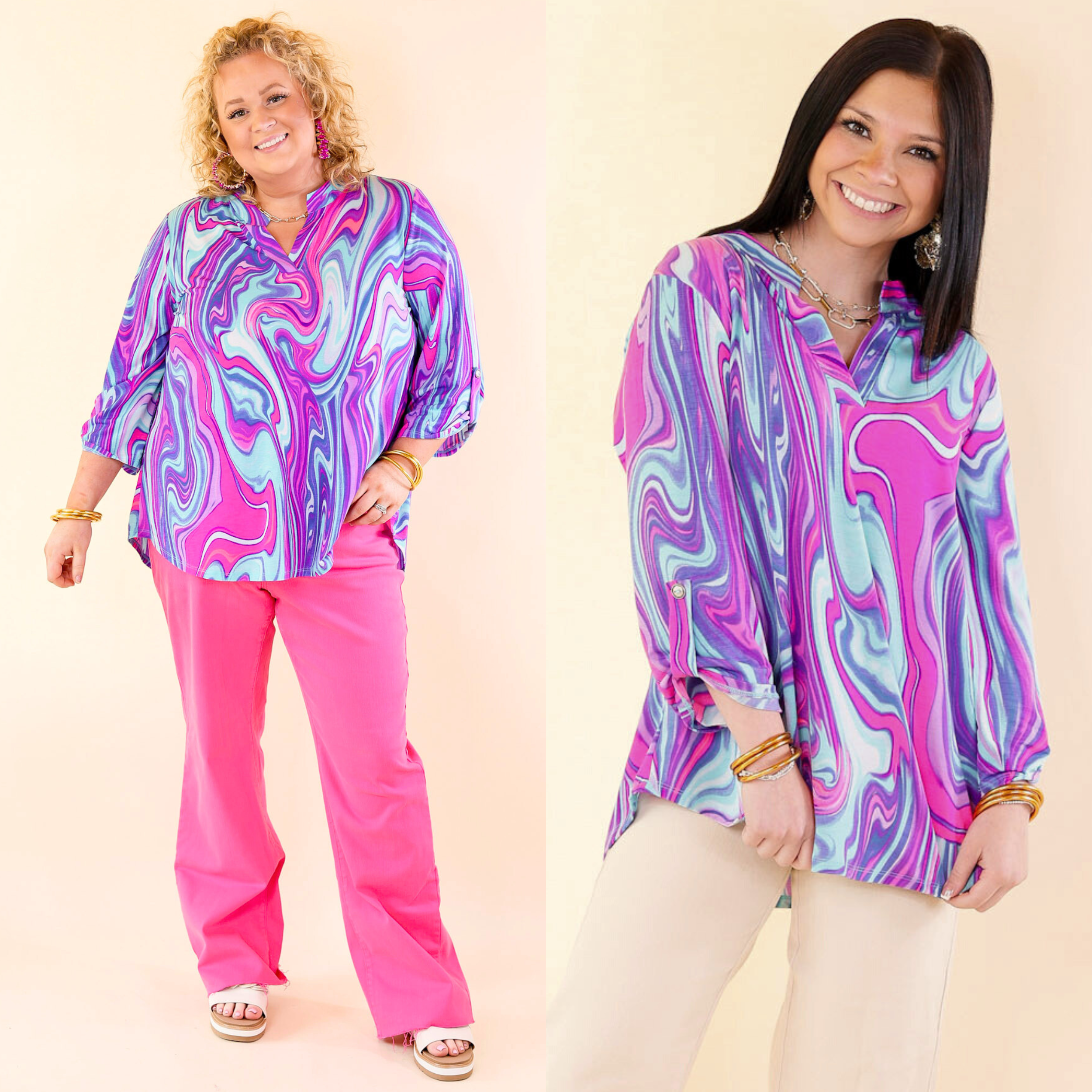 Urban Elegance Marble 3/4 Sleeve Tunic Top in Purple Mix - Giddy Up Glamour Boutique