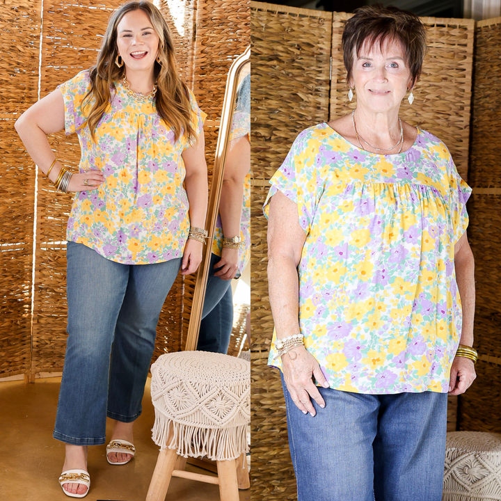 Memorable Meeting Floral Top with Short Sleeves in Purple and Yellow