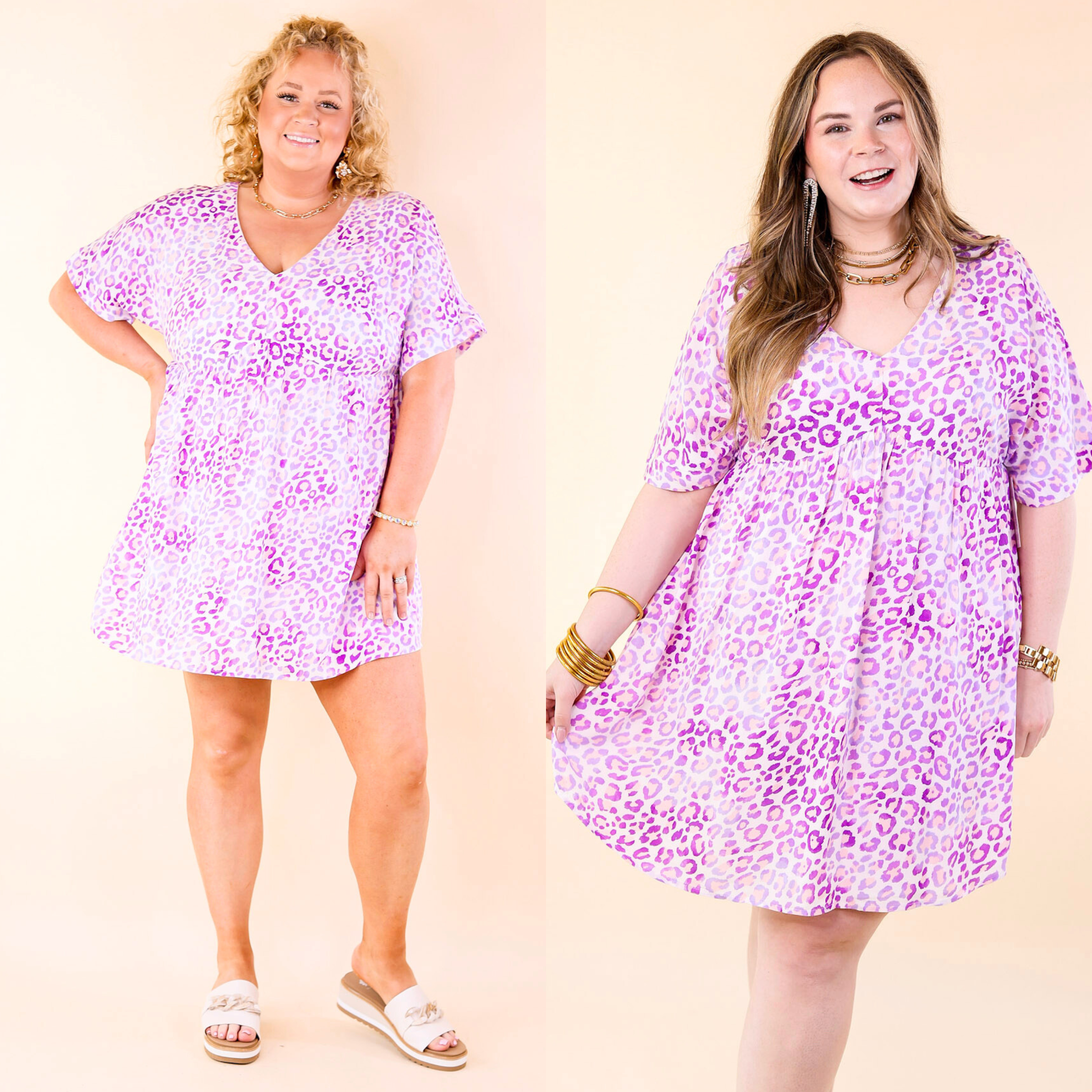 Fresh Blossoms Leopard Print Babydoll Dress with V Neck in Purple - Giddy Up Glamour Boutique
