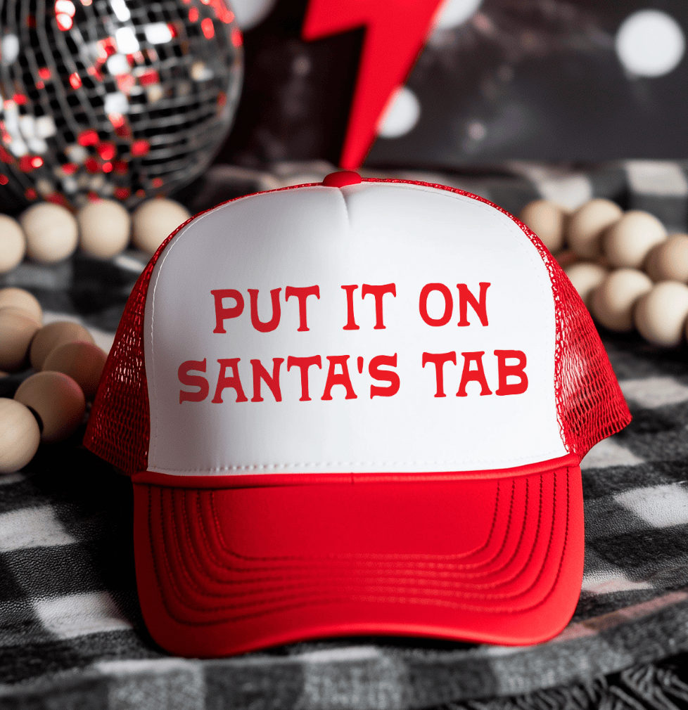 Made to Order | Put It On Santa's Tab Trucker Hat in White and Red