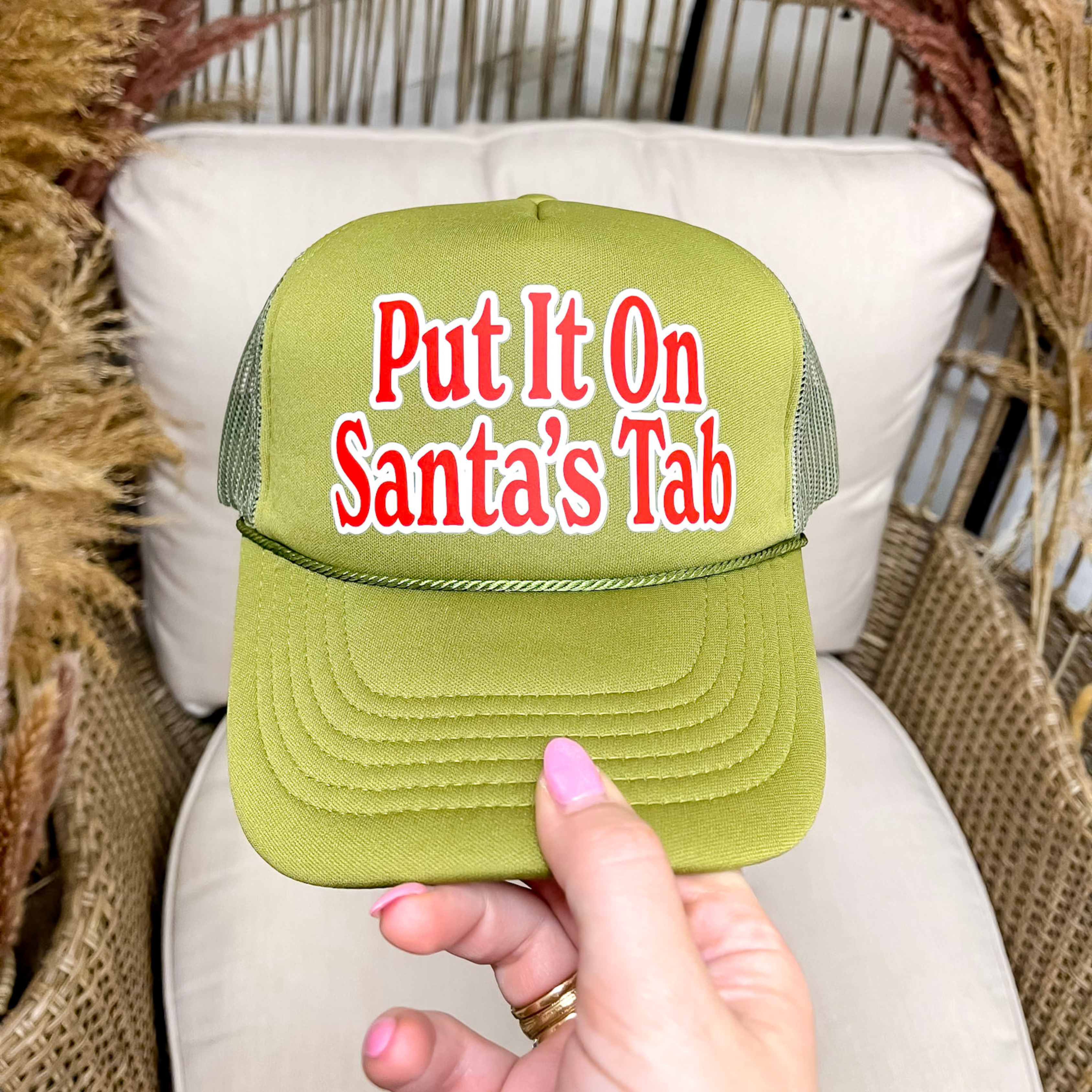 Put it on Santa's Tab Foam Trucker Hat in Olive Green