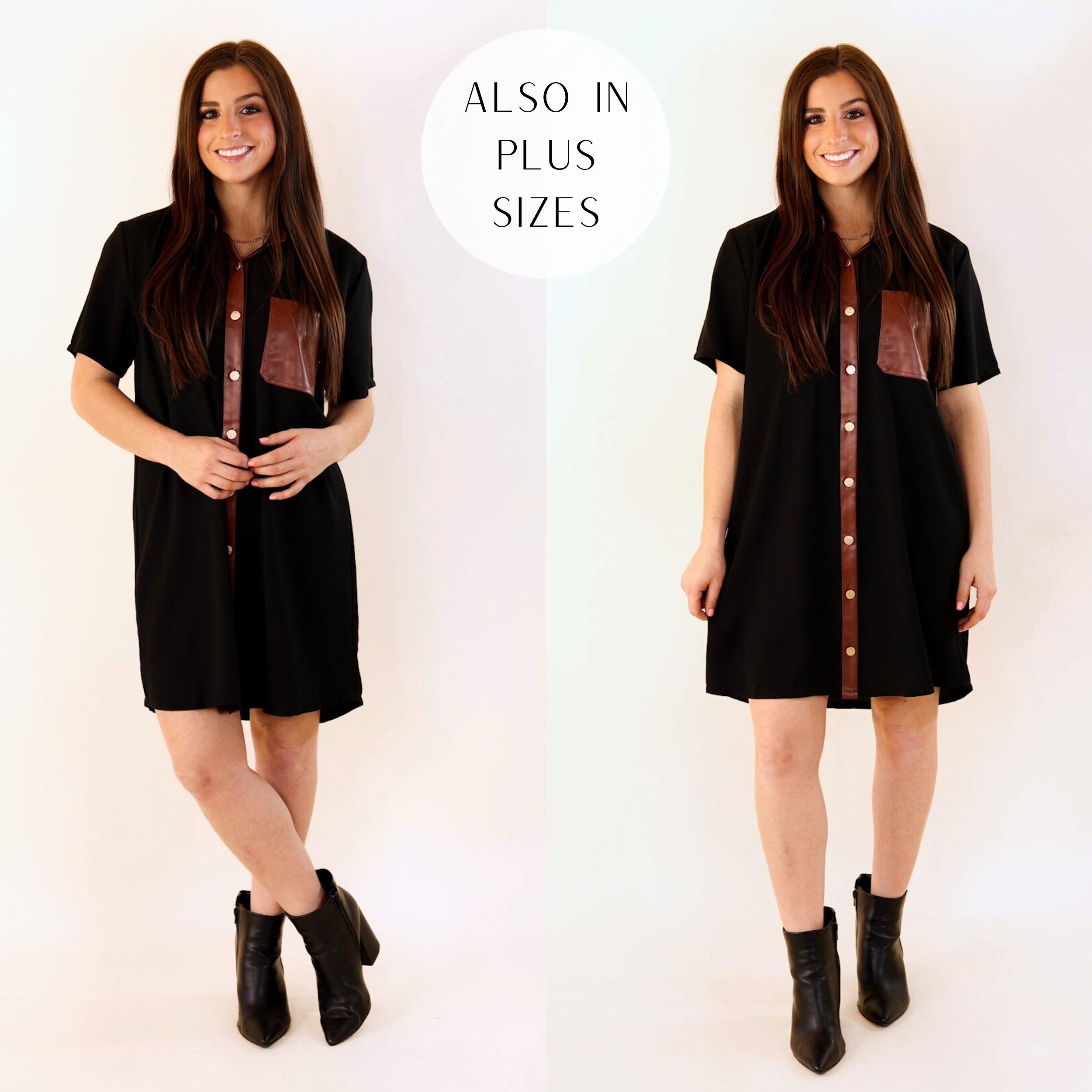 Models are wearing a black short sleeve button up dress that has a faux leather chest pocket. front trim, and collar. Both models have it paired with gold jewelry and heeled mules.