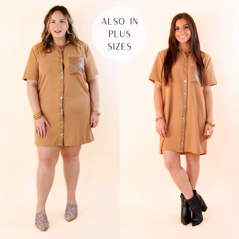 Models are wearing camel brown button up dress. Size large model has it paired with heels and gold jewelry. Size small model is wearing black booties and gold jewelry. 