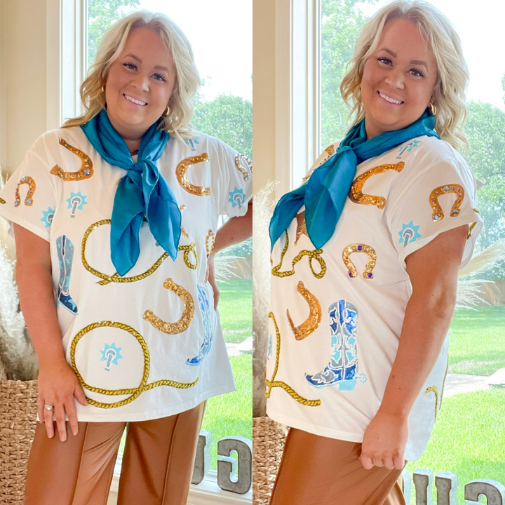 Queen Of Sparkles | Rope Me In Sequin Rope and Western Icon Top in White - Giddy Up Glamour Boutique