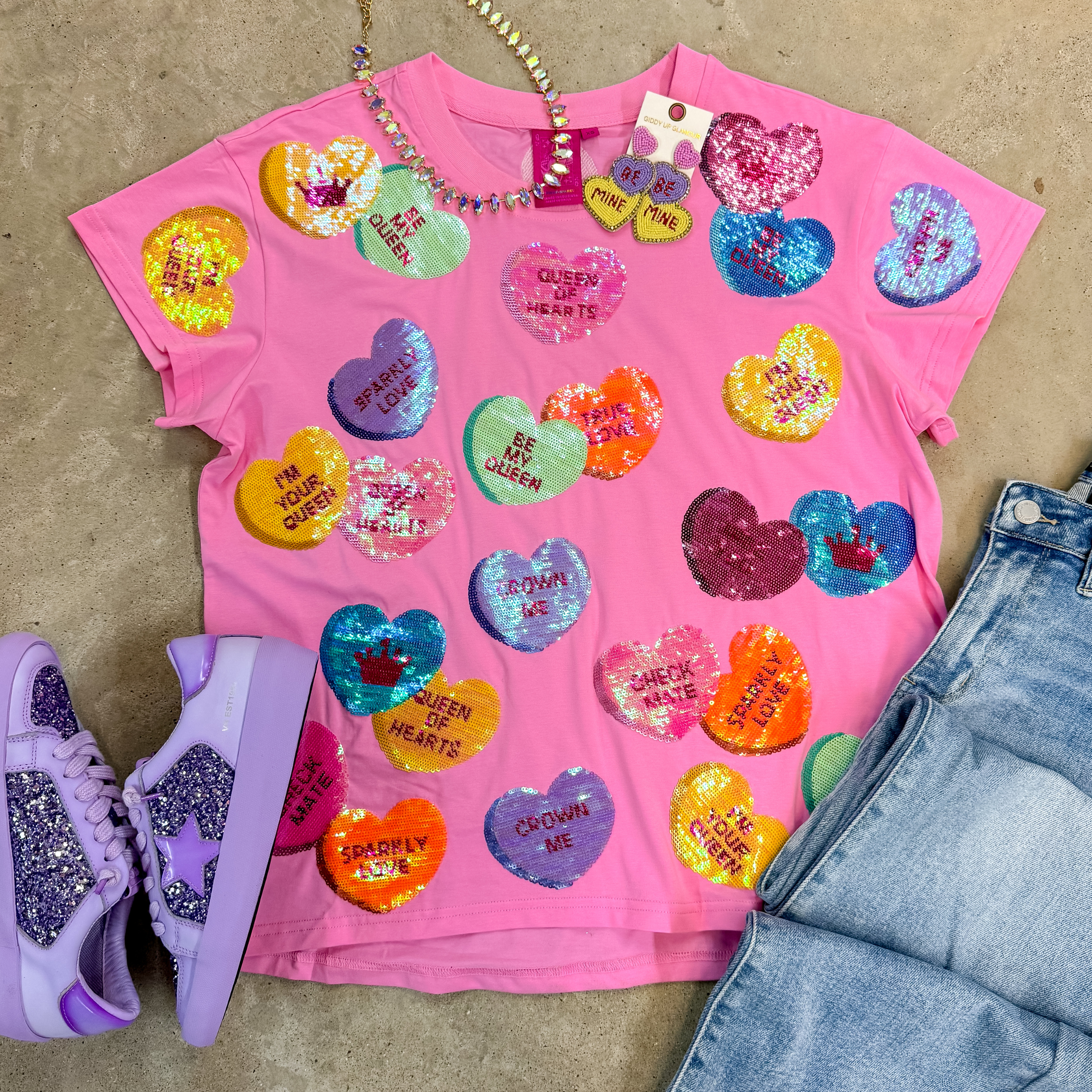 Queen Of Sparkles | Eye Candy Multi-Colored Conversation Heart Sequin Top in Pink - Giddy Up Glamour Boutique