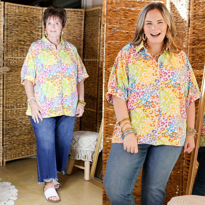 Vibrant Vision Multi-Color Collared Cheetah Print Top