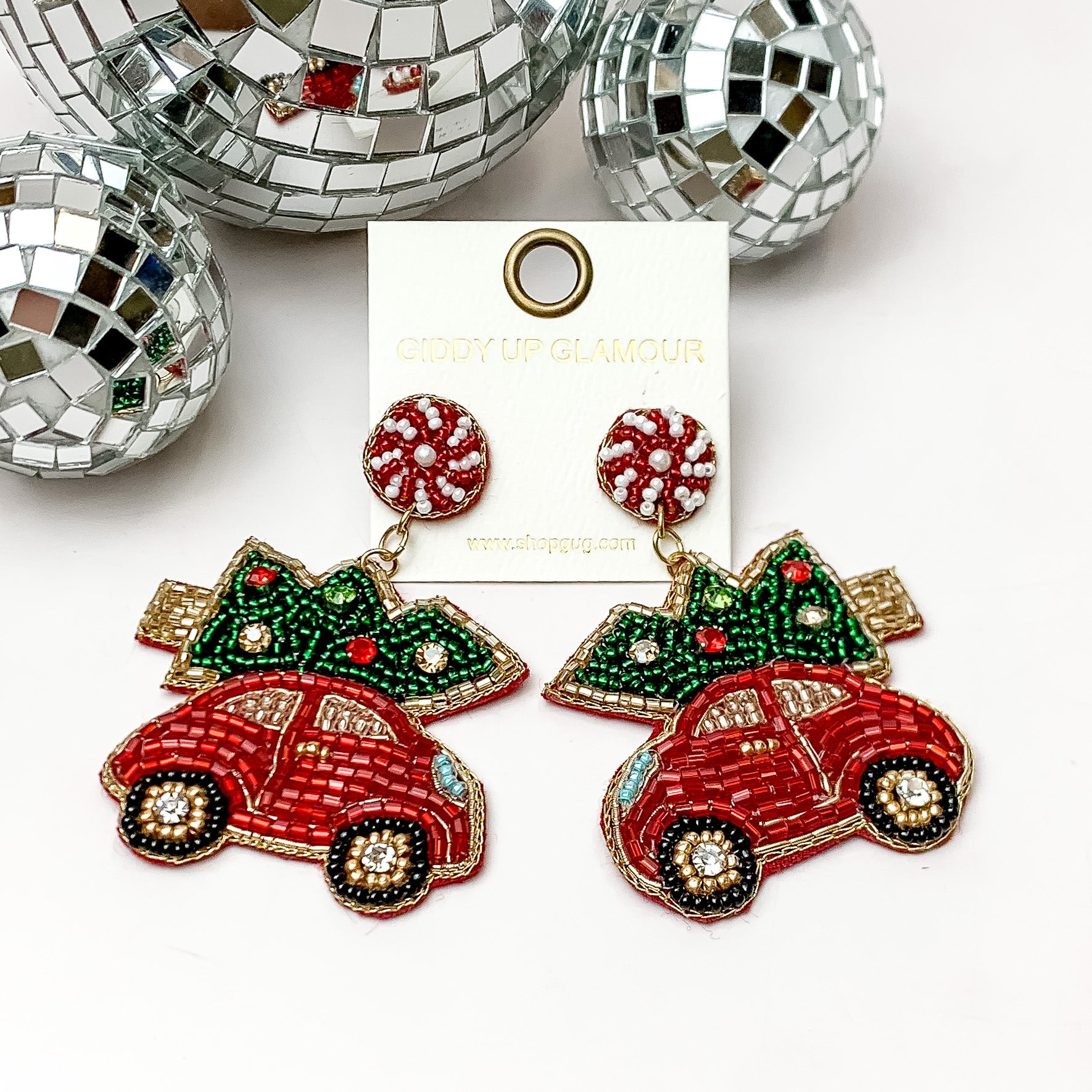 Beaded Car and Christmas Tree Earrings in Red - Giddy Up Glamour Boutique