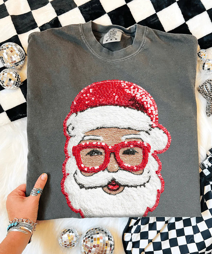 Faux sequin santa claus graphic on pepper black short sleeve tee. 