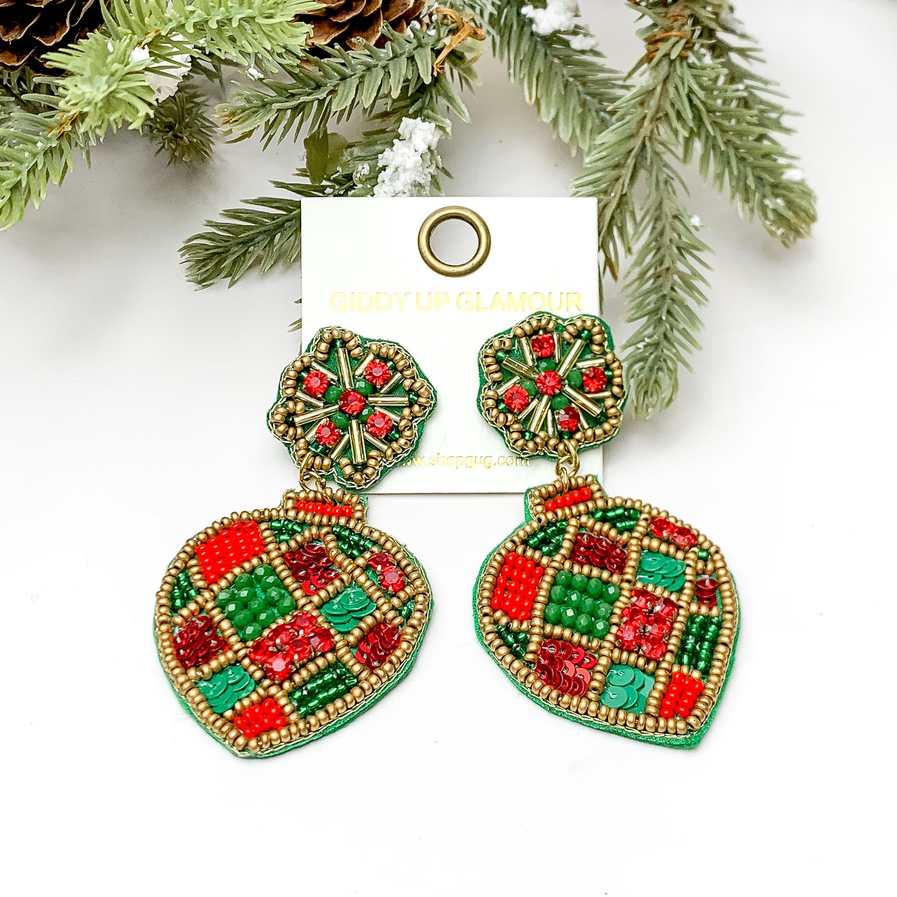 Beaded Post Back Ornament Earrings in Red and Green - Giddy Up Glamour Boutique