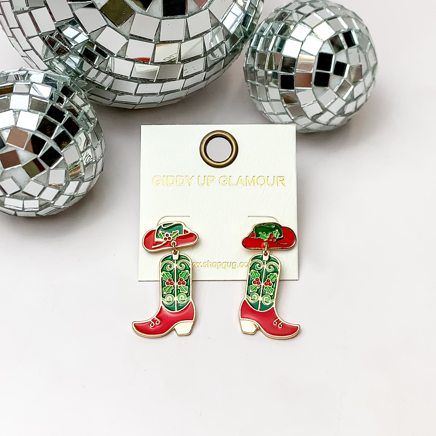 Christmas Cowboy Hat and Boot Drop Earrings in Green and Red - Giddy Up Glamour Boutique