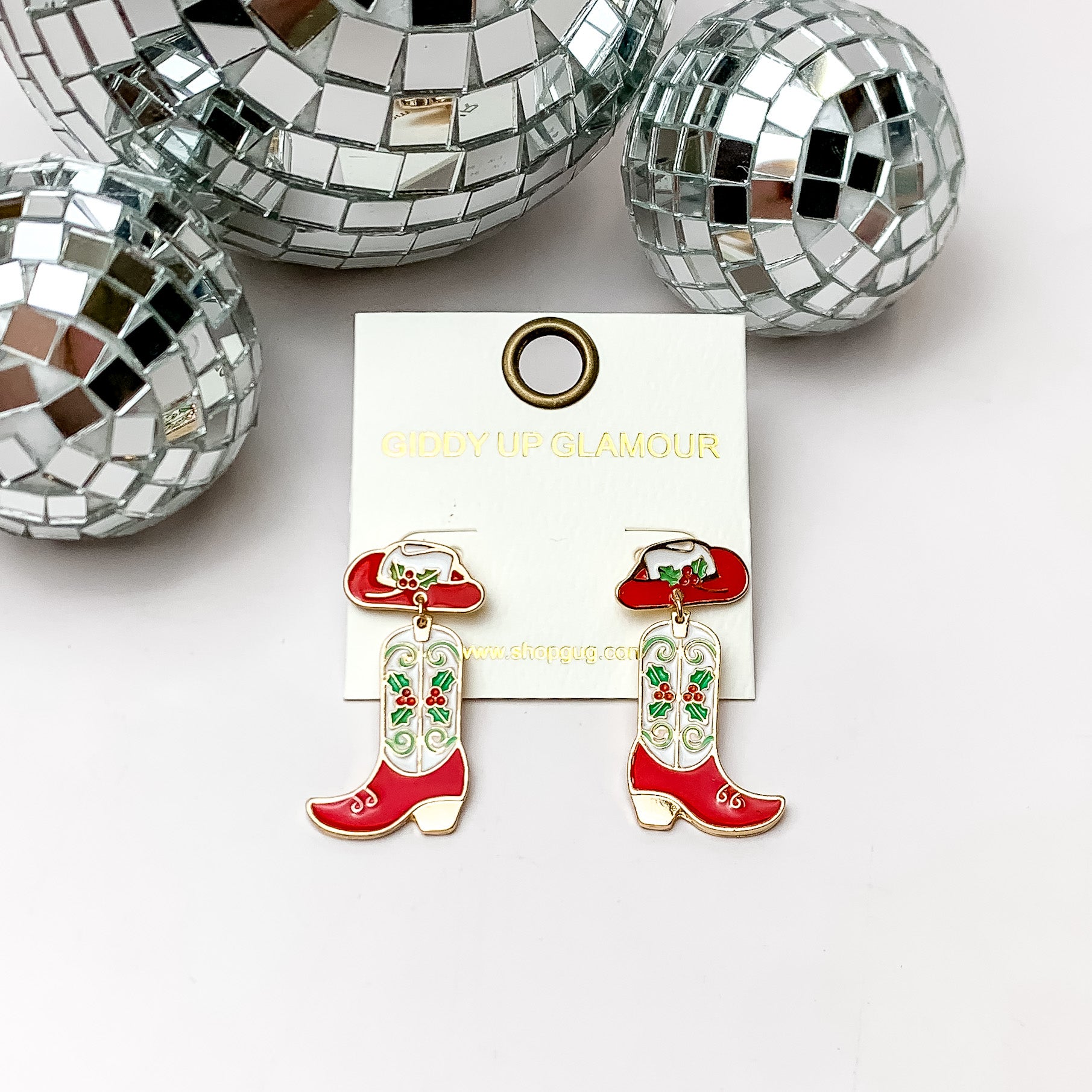 Christmas Cowboy Hat and Boot Drop Earrings in White and Red - Giddy Up Glamour Boutique