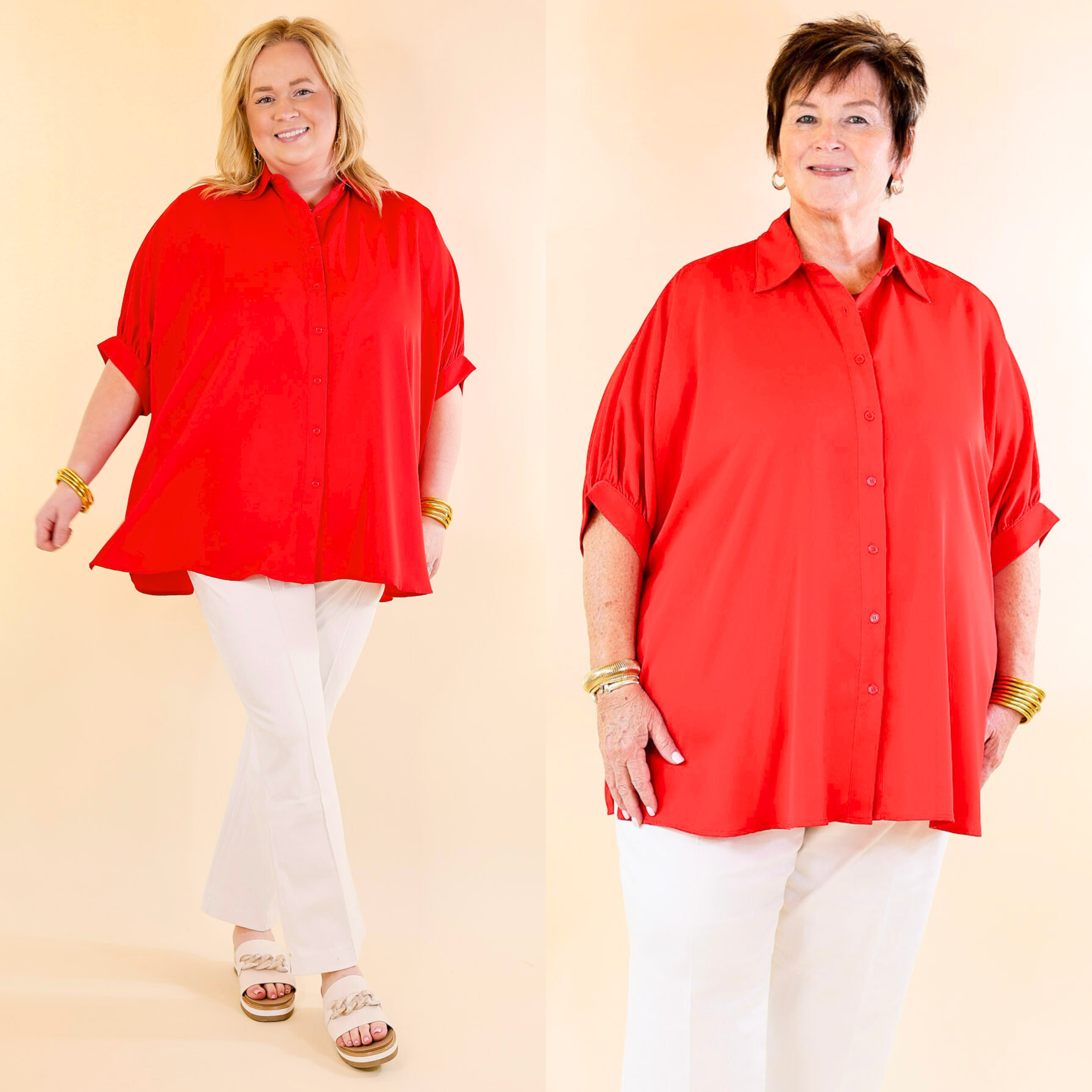 City Lifestyle Button Up Half Sleeve Poncho Top in Red