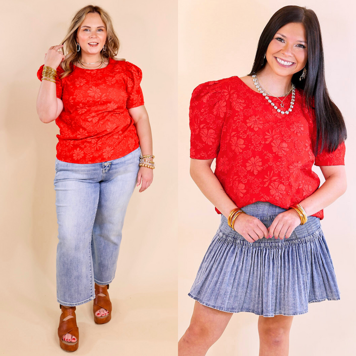 Last Chance Size Small | Fab Feeling Puff Shoulder Floral Embossed Top in Red