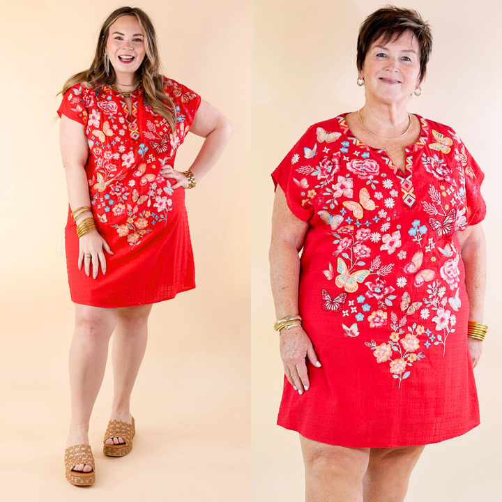 Lovely Feeling Floral Embroidered Dress with a Notched Neckline in Red