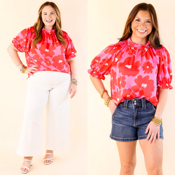 Divine Design Floral Blouse With Puffed Sleeve and Ruffle Neckline in Pink