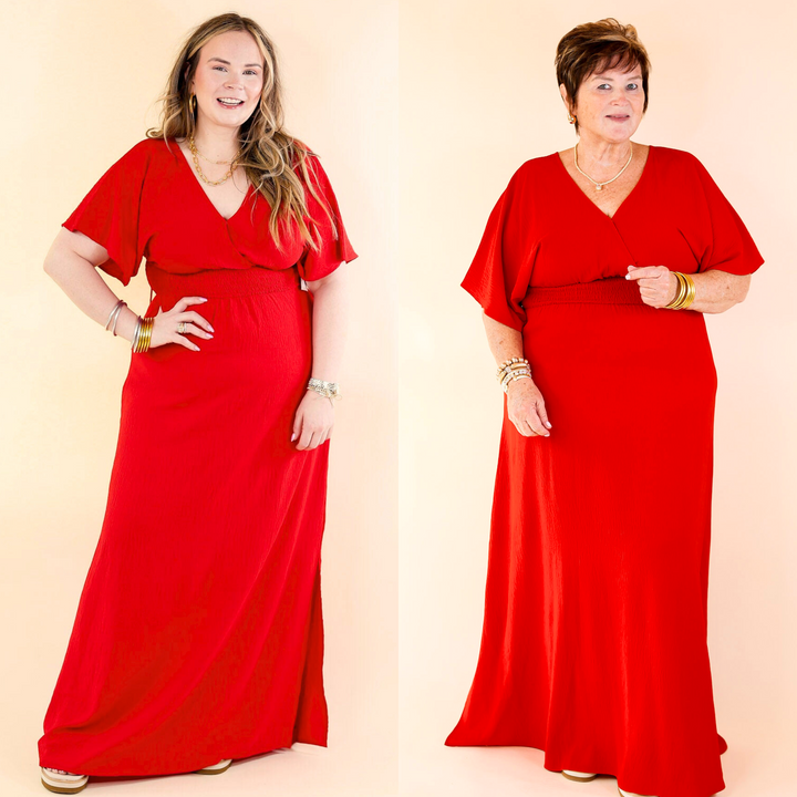 Last Chance Size Small | Wildly In Love V Neck Maxi Dress with Smocked Waist in Red