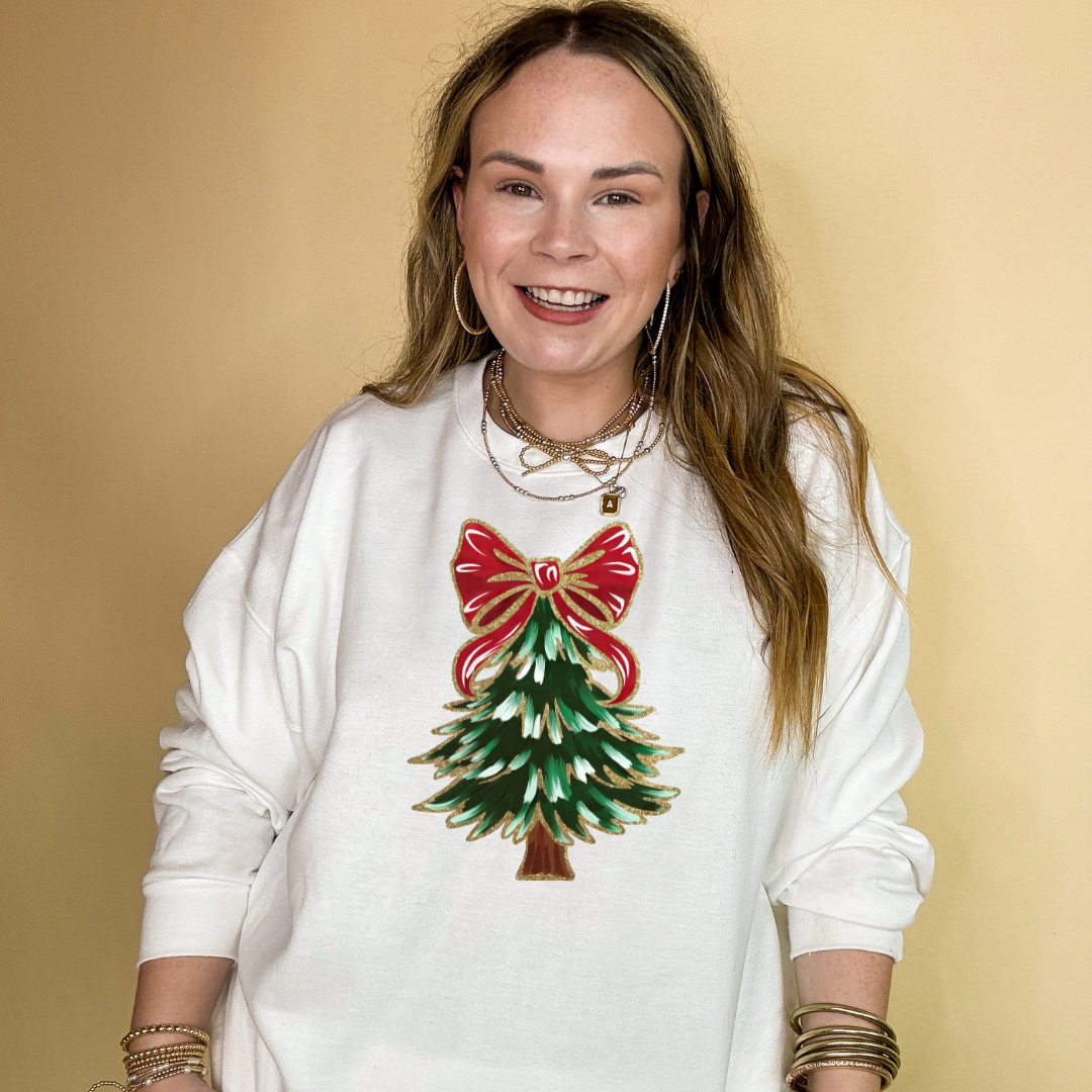 Online Exclusive | Christmas Tree with Red and Gold Bow Graphic Sweatshirt in Multiple Color Options