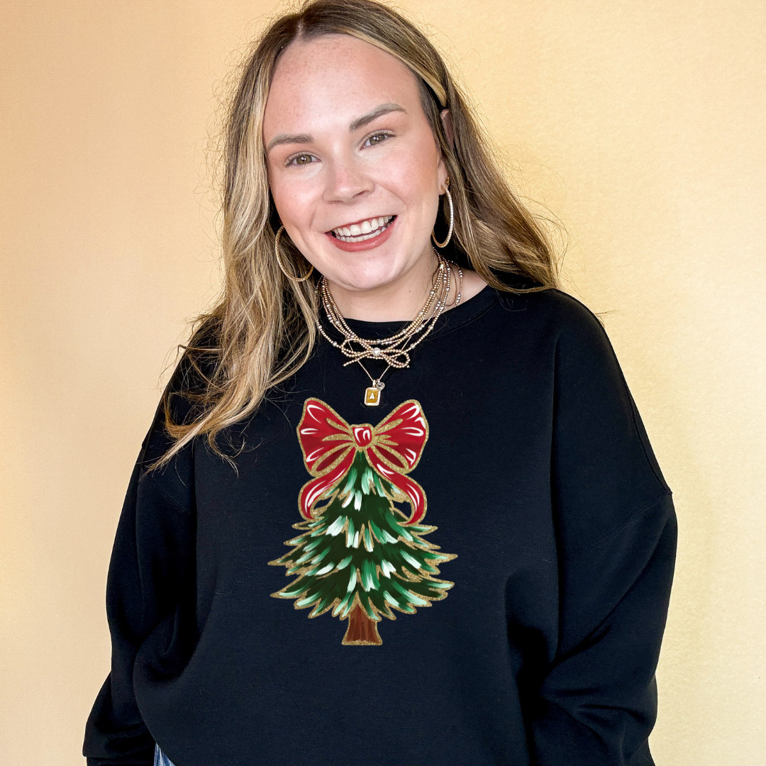 Online Exclusive | Christmas Tree with Red and Gold Bow Graphic Sweatshirt in Multiple Color Options