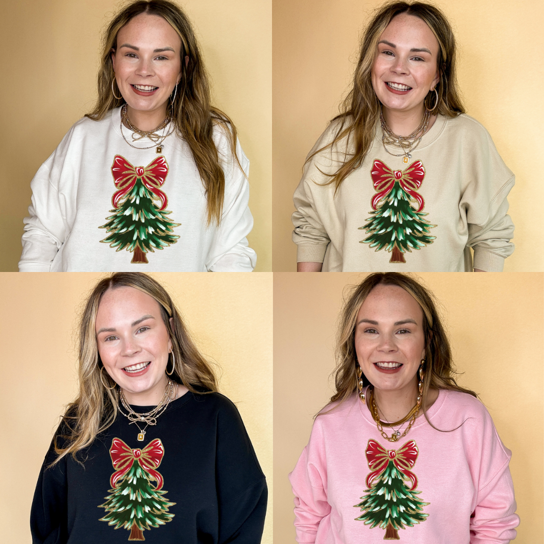 Online Exclusive | Christmas Tree with Red and Gold Bow Graphic Sweatshirt in Multiple Color Options