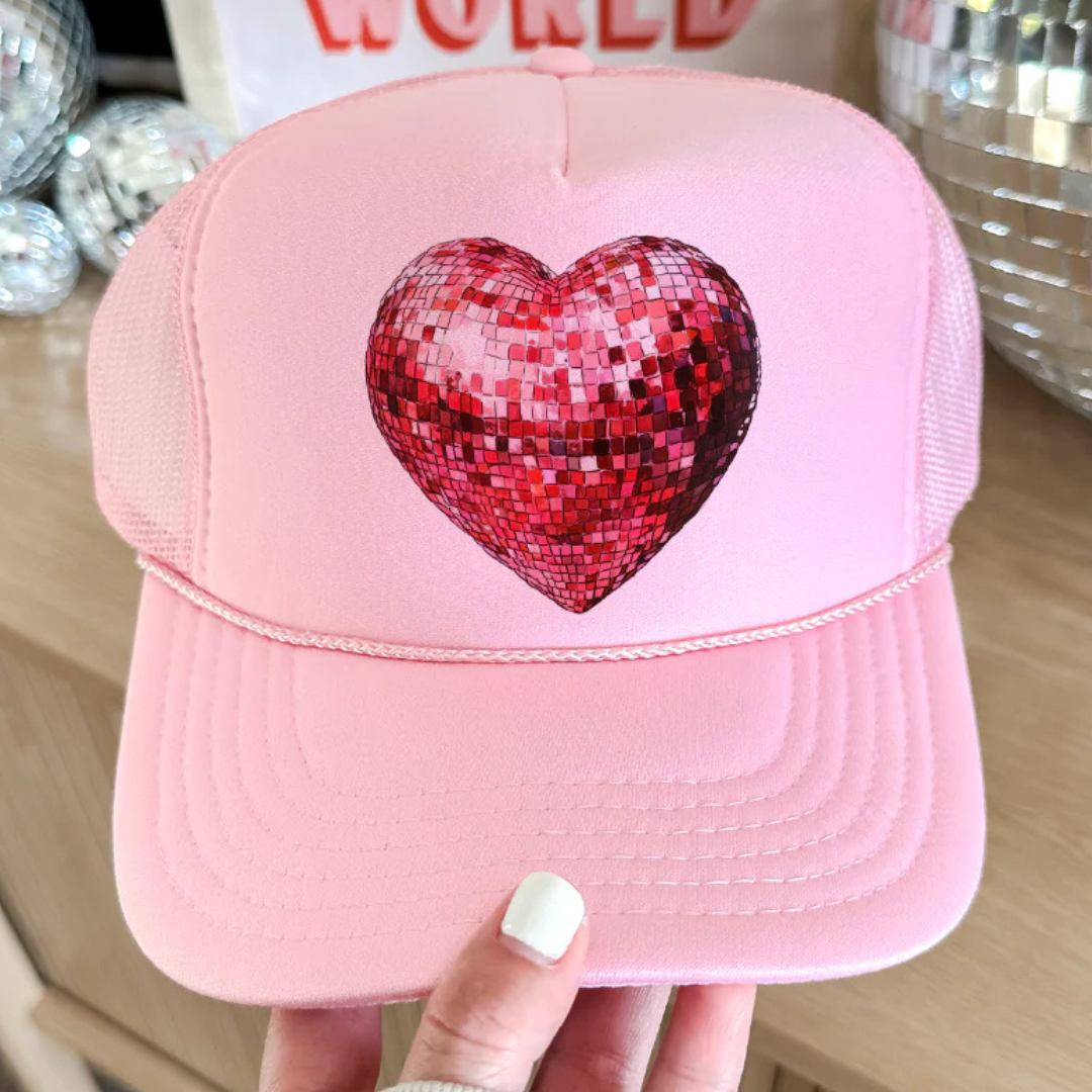 Online Exclusive | Red Disco Ball Heart Foam Trucker Cap in Baby Pink